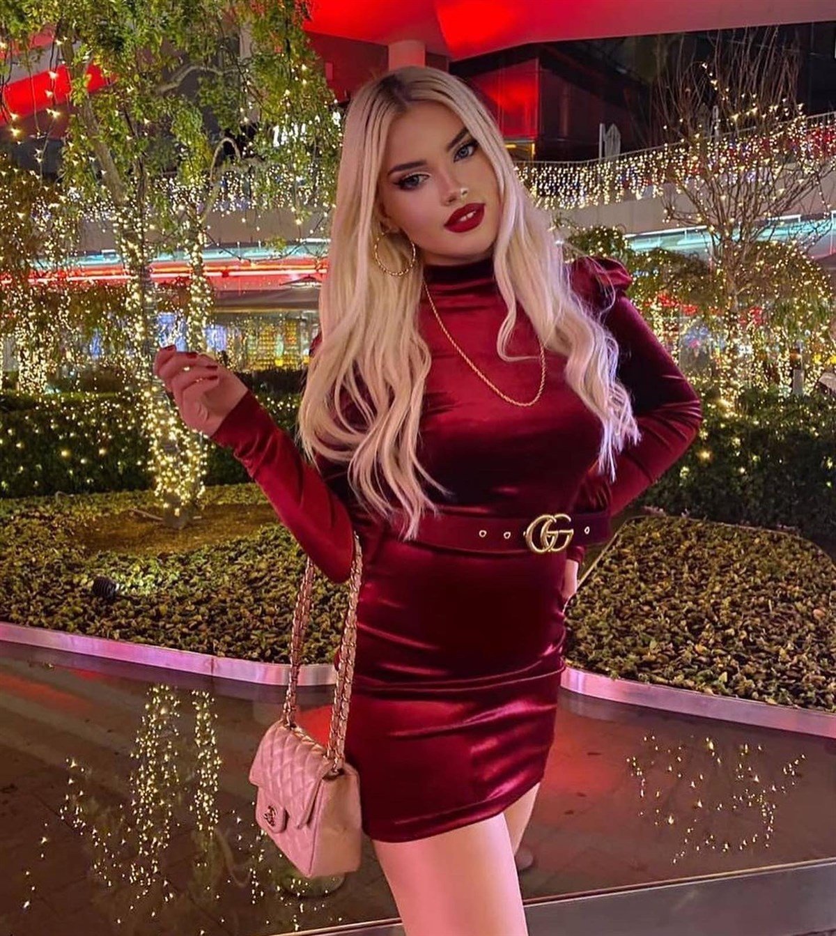 Kemer Detaylı Kadife Kumaş Karpuz Kol Mini Kalem Elbise - BORDO 