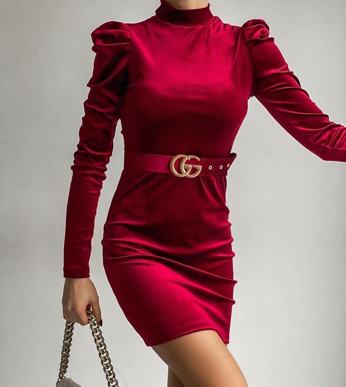 Kemer Detaylı Kadife Kumaş Karpuz Kol Mini Kalem Elbise - BORDO 