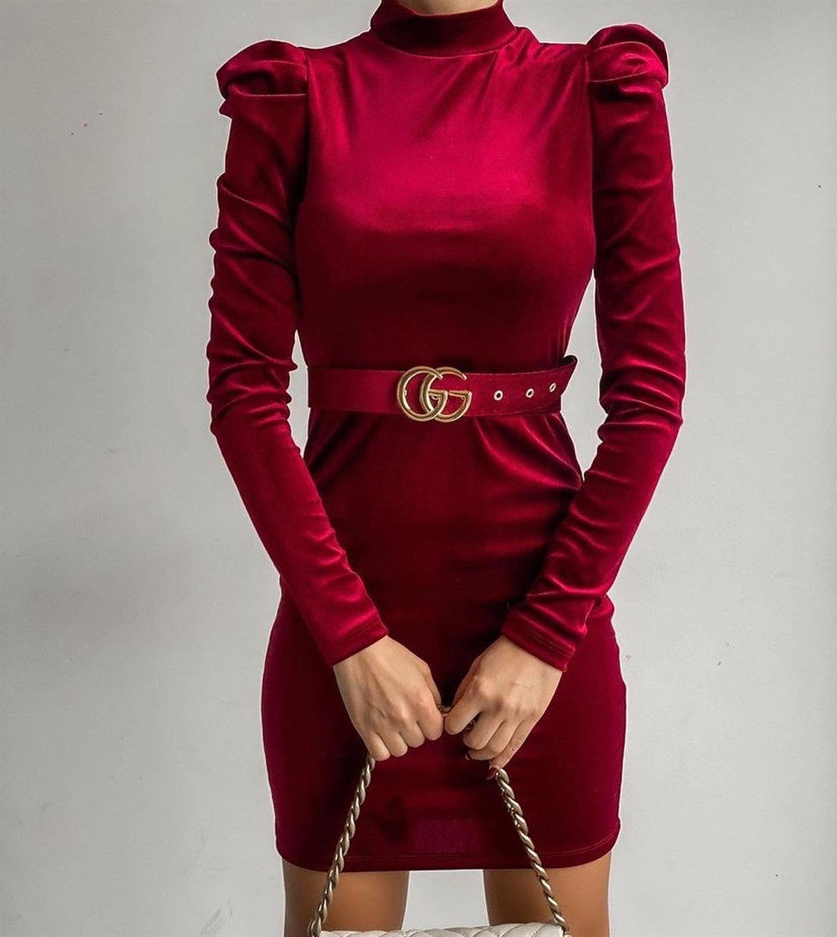 Kemer Detaylı Kadife Kumaş Karpuz Kol Mini Kalem Elbise - BORDO 