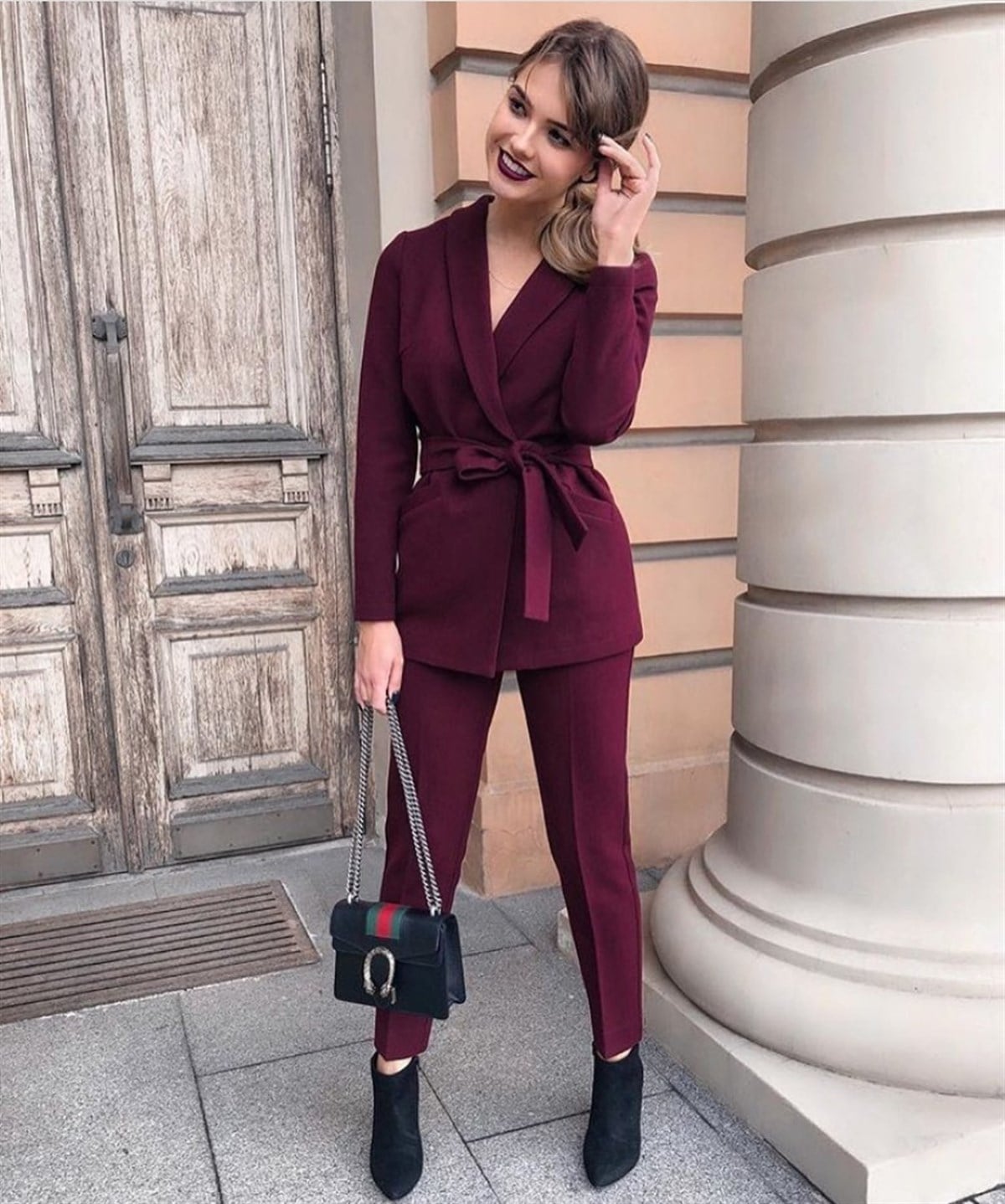 Kemerli Ceket Pantolon Atlas Kumaş 2 Li Takım - BORDO