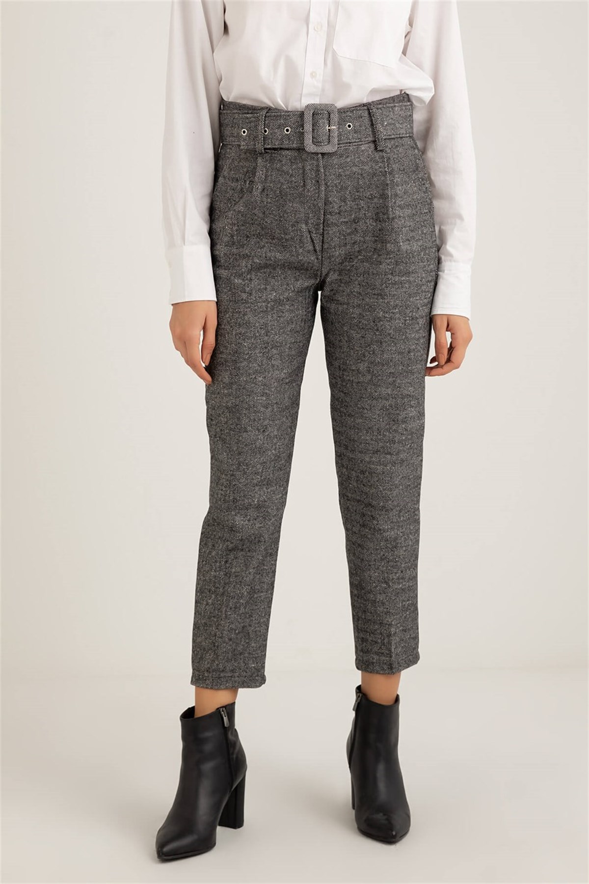 Kemerli Kaşe Pantolon - KOYU GRİ