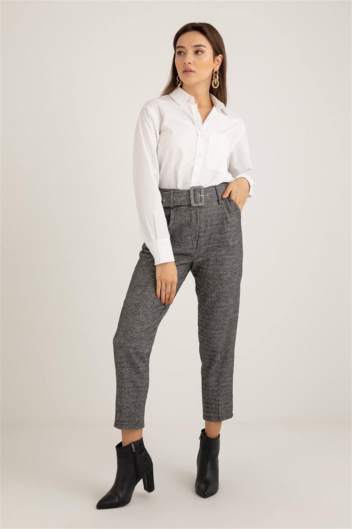 Kemerli Kaşe Pantolon - KOYU GRİ
