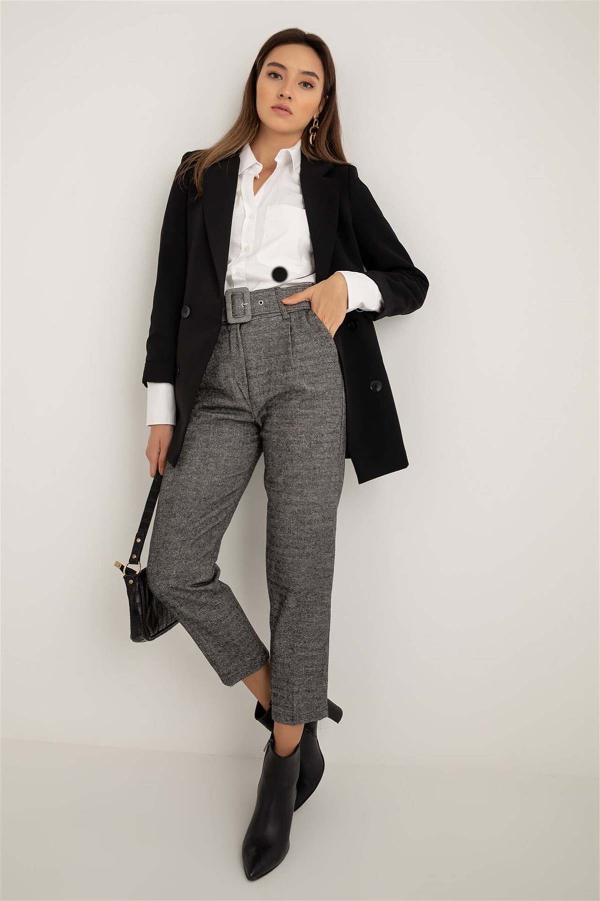 Kemerli Kaşe Pantolon - KOYU GRİ