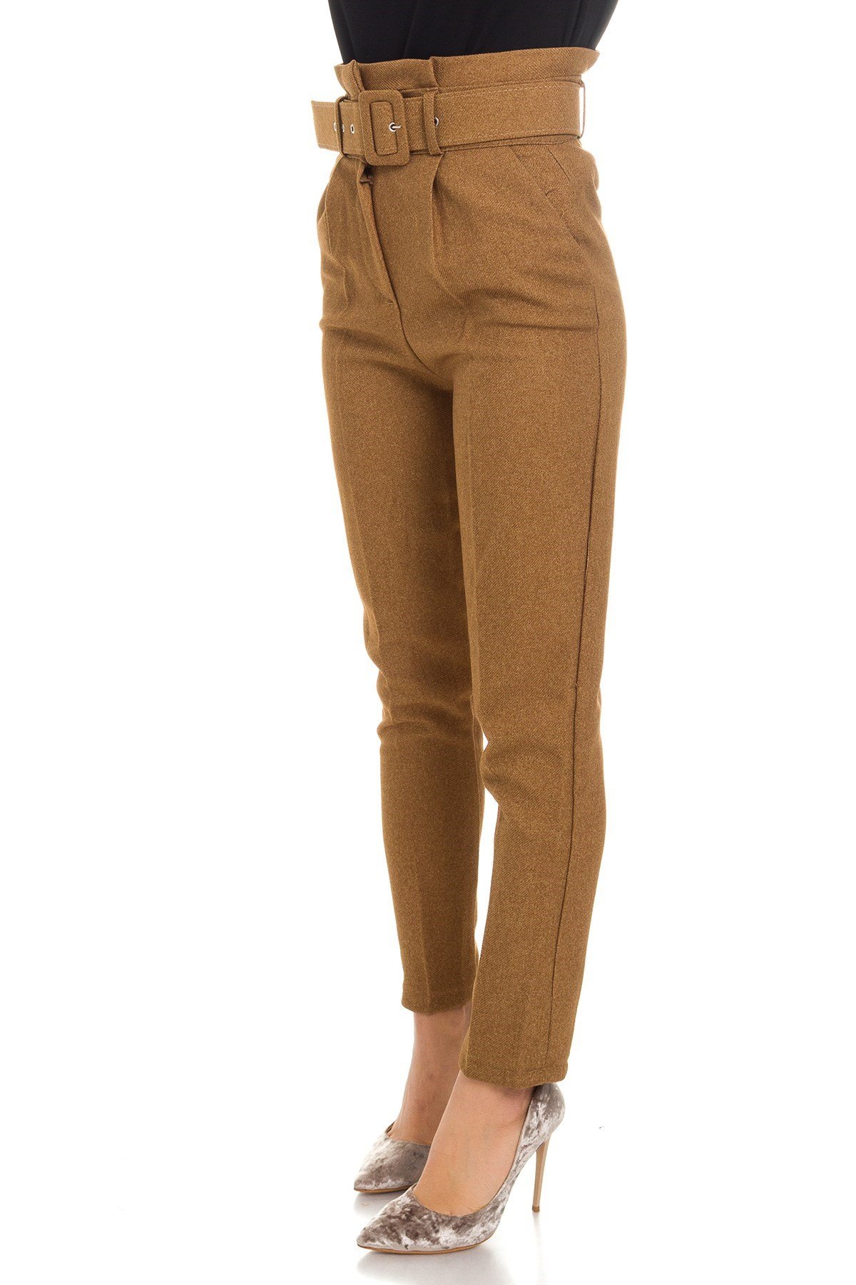 Kemerli Yüksek Bel Fitilli Kumaş Havuç Pantolon - CAMEL RENK 