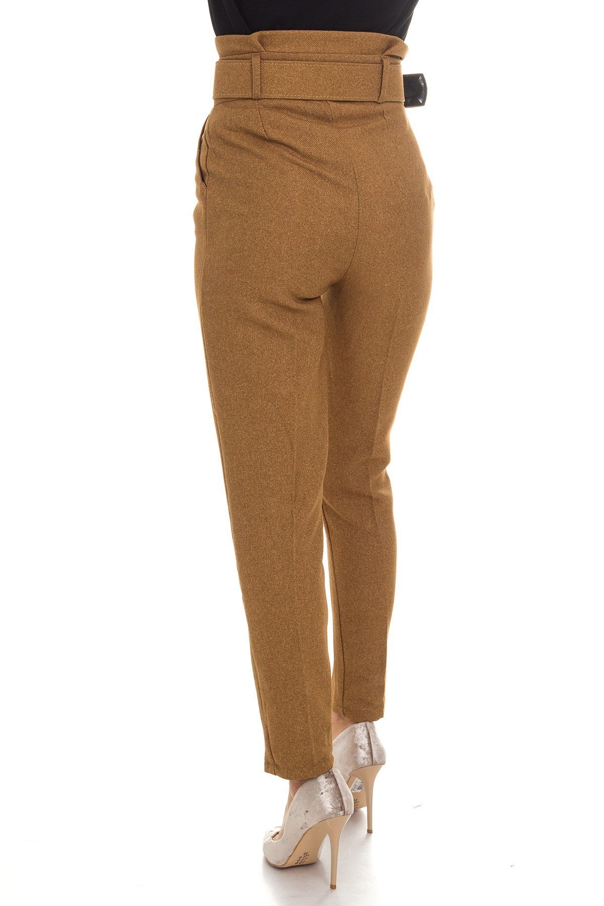 Kemerli Yüksek Bel Fitilli Kumaş Havuç Pantolon - CAMEL RENK 