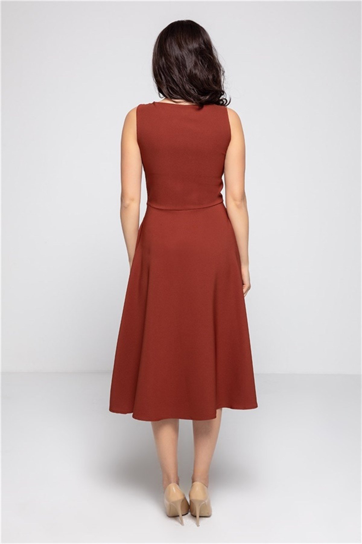Kısa Kol Atlas Kumaş Midiboy Elbise - KİREMİT RENK
