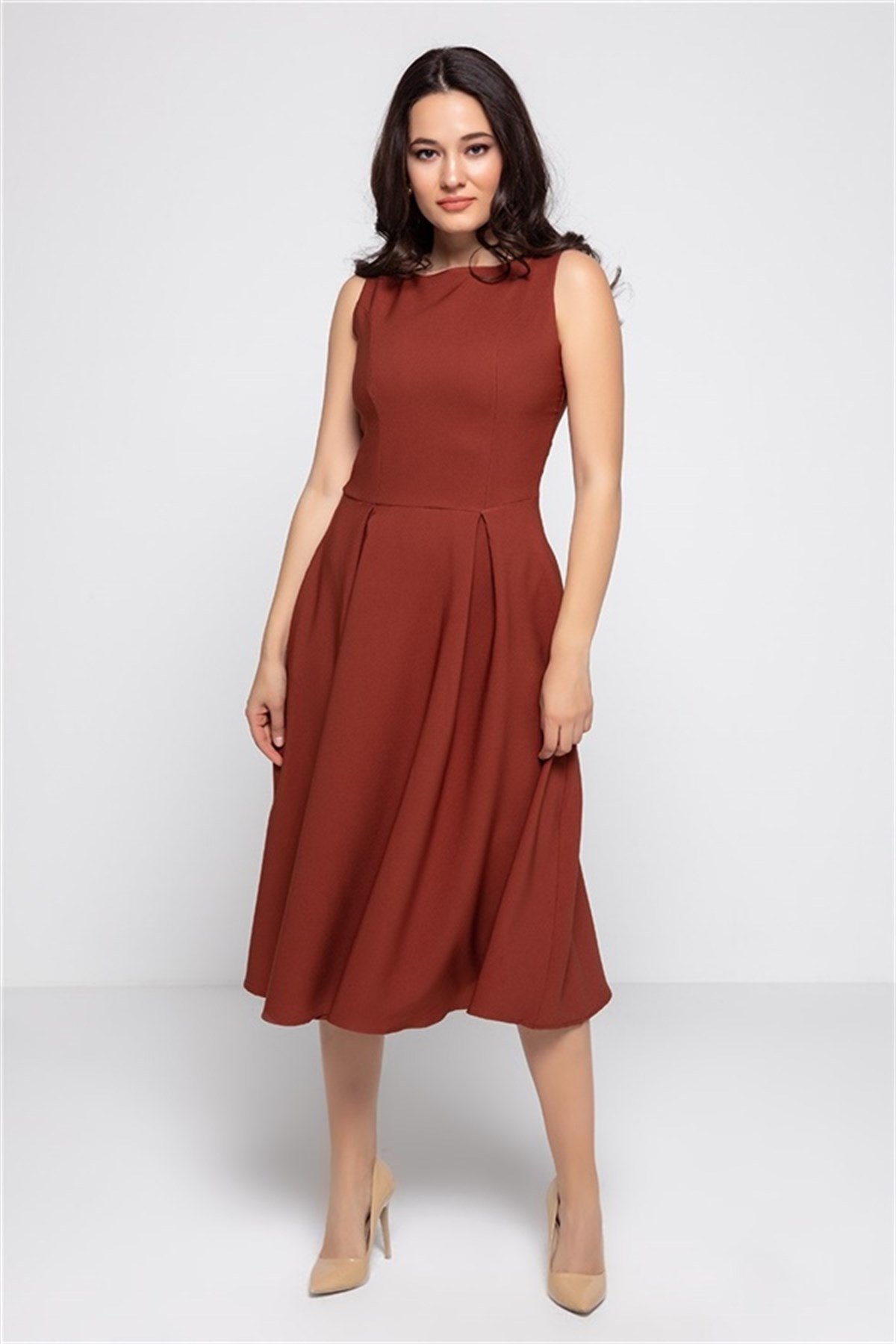 Kısa Kol Atlas Kumaş Midiboy Elbise - KİREMİT RENK