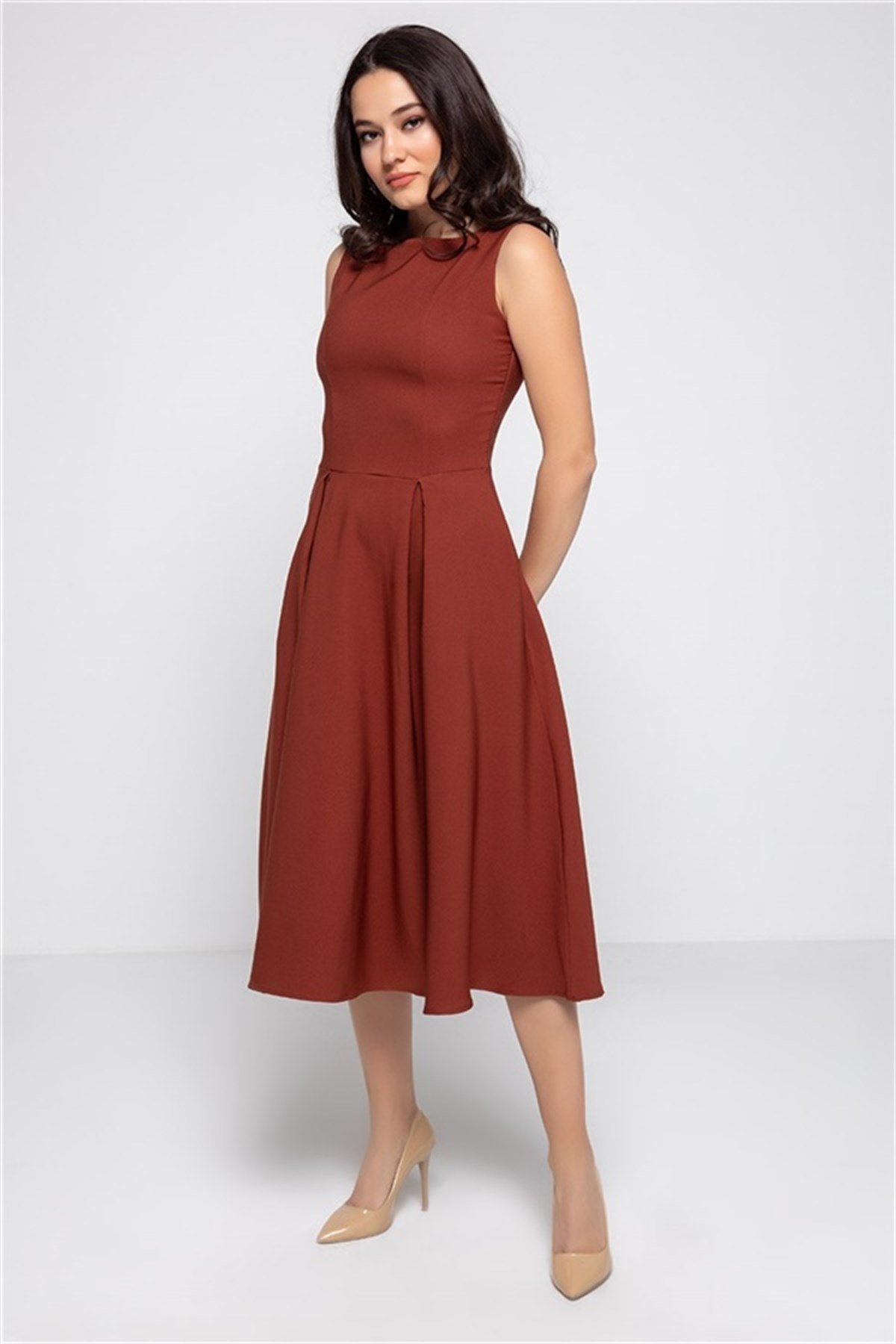 Kısa Kol Atlas Kumaş Midiboy Elbise - KİREMİT RENK