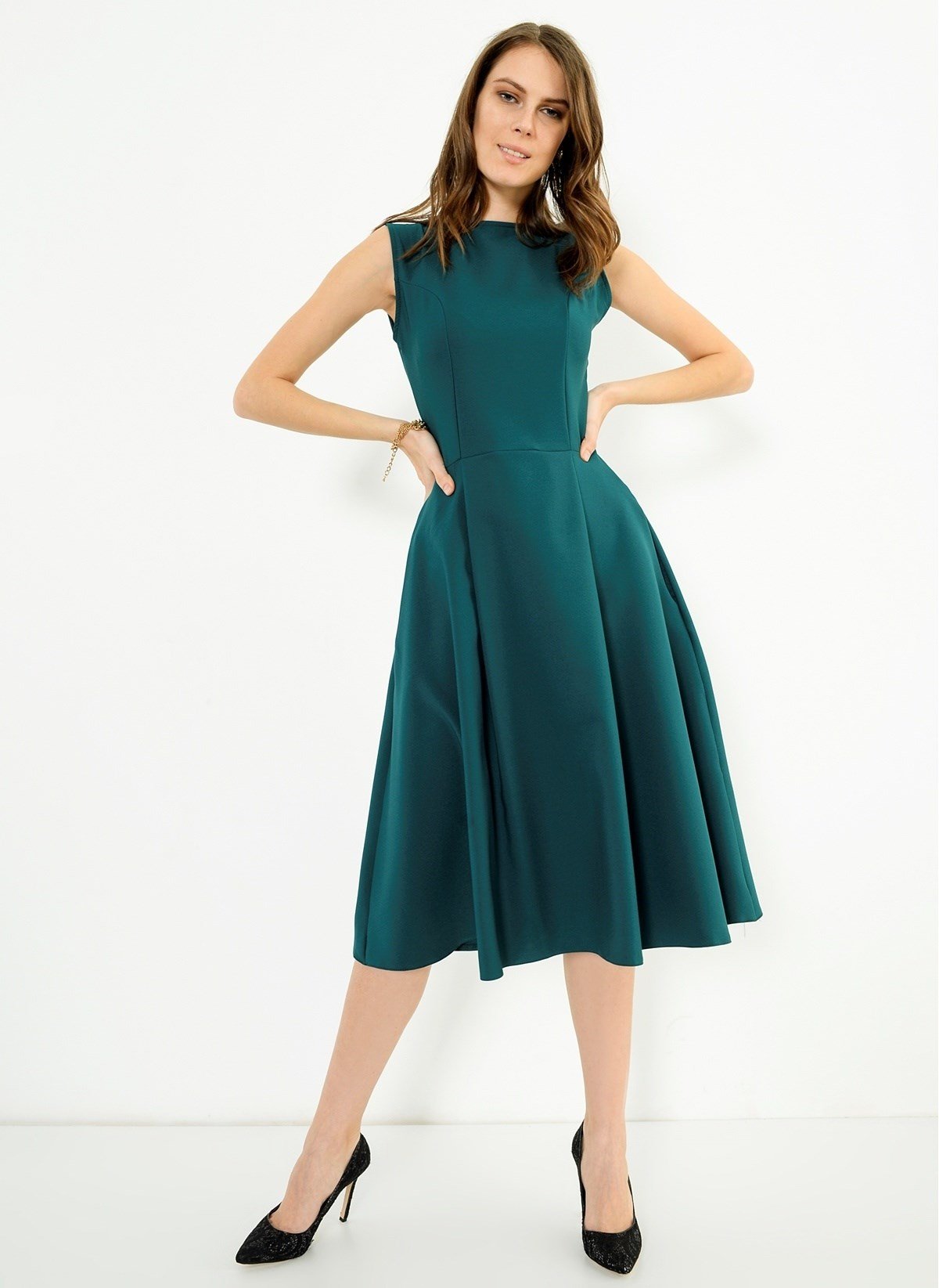 Kısa Kol Atlas Kumaş Midiboy Elbise - PETROL YEŞİLİ