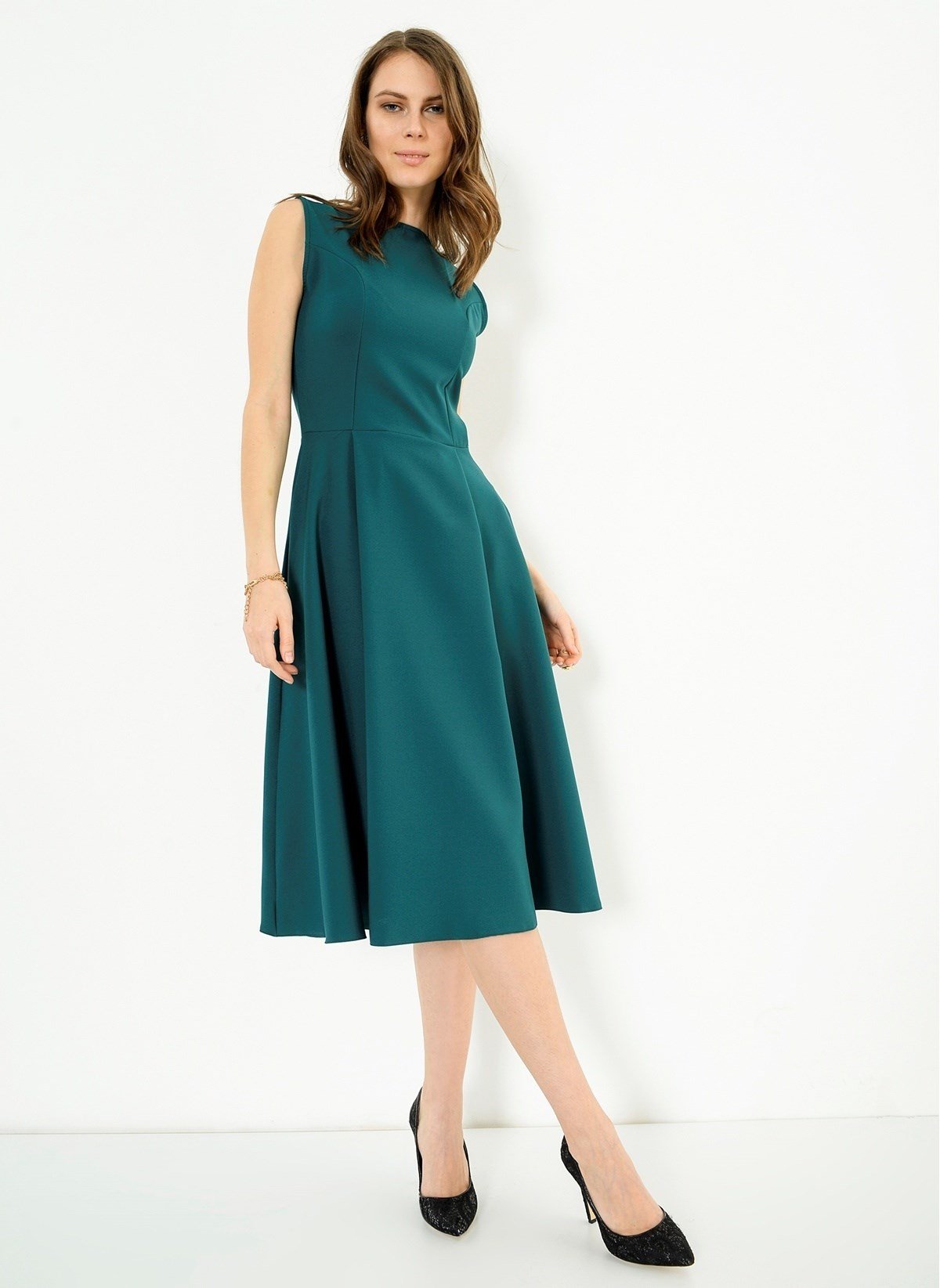 Kısa Kol Atlas Kumaş Midiboy Elbise - PETROL YEŞİLİ