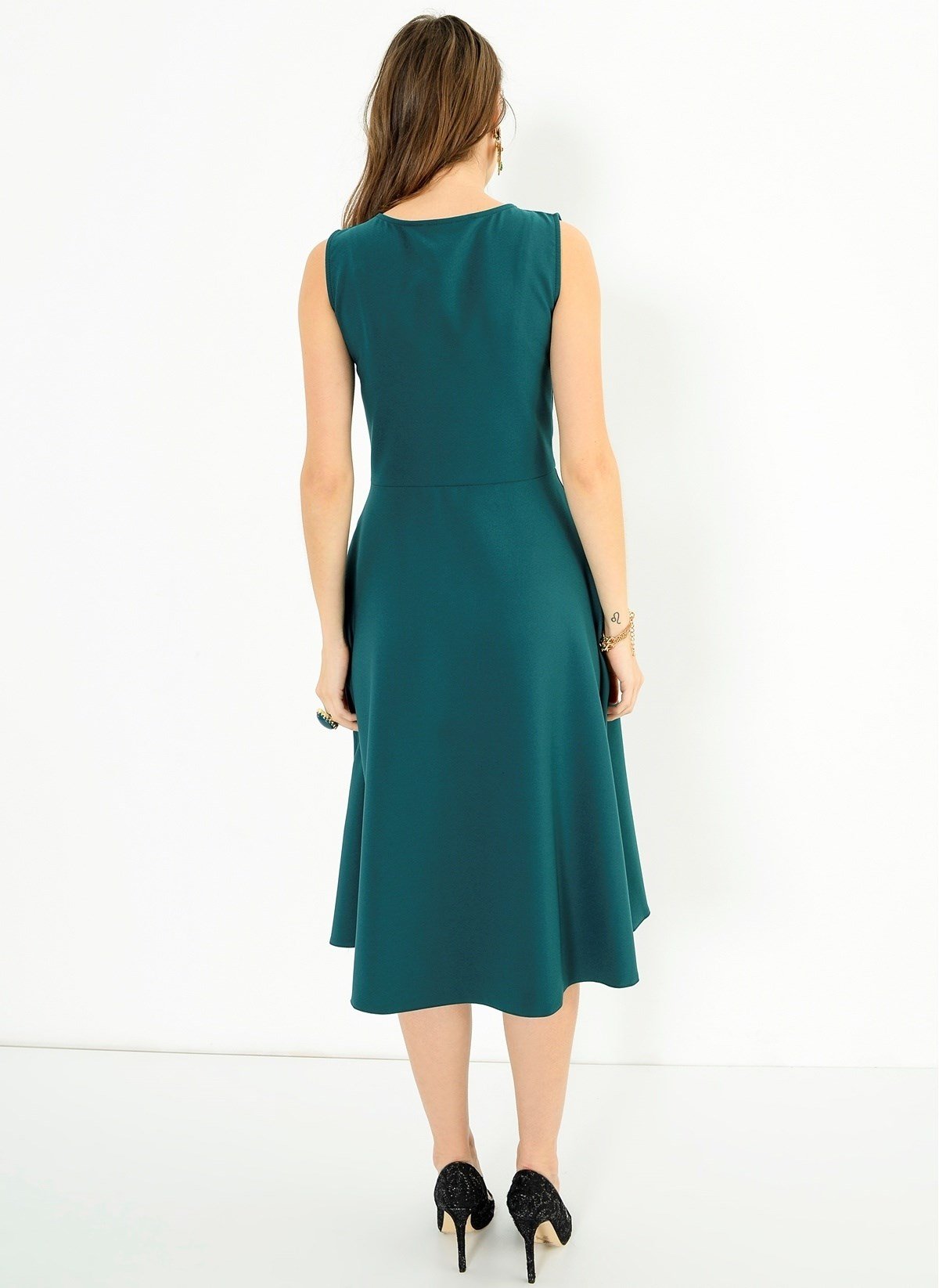 Kısa Kol Atlas Kumaş Midiboy Elbise - PETROL YEŞİLİ