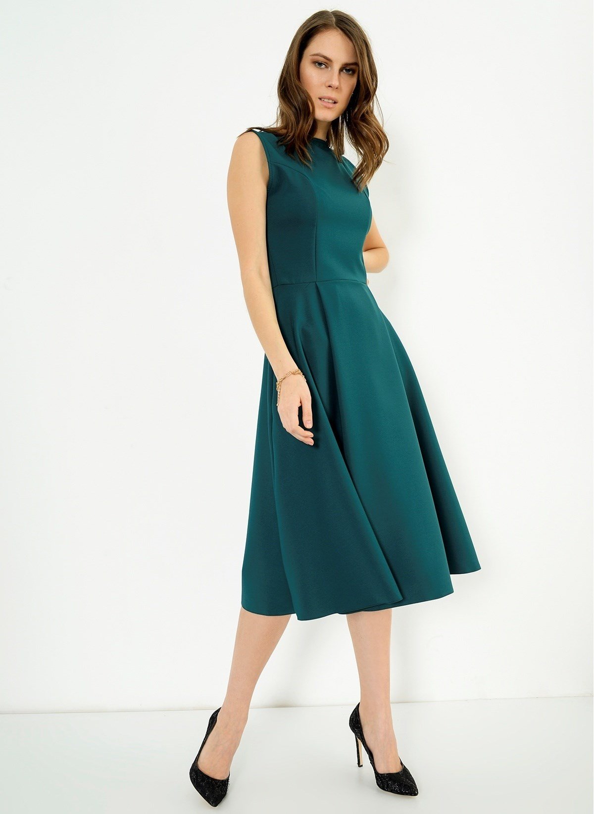 Kısa Kol Atlas Kumaş Midiboy Elbise - PETROL YEŞİLİ