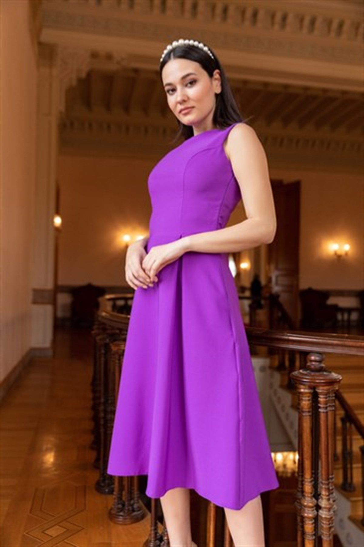 Kısa Kol Atlas Midiboy Elbise- Mor