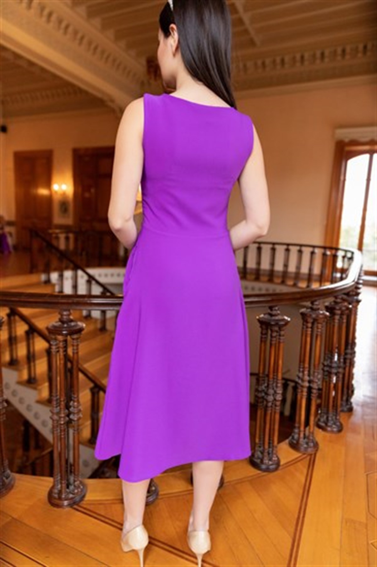 Kısa Kol Atlas Midiboy Elbise- Mor