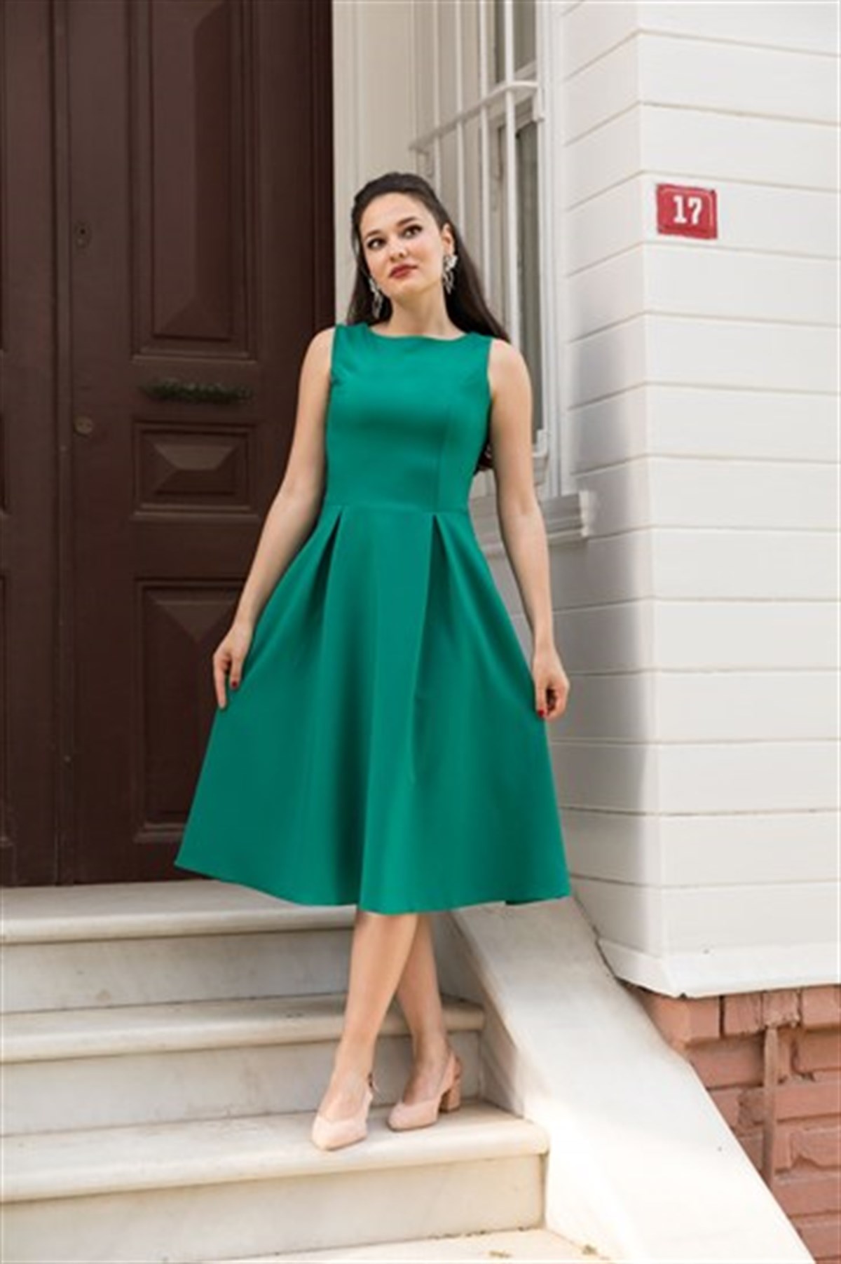 Kısa Kol Atlas Midiboy Elbise- Yeşil