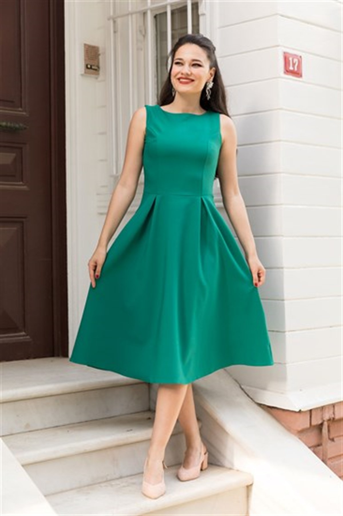 Kısa Kol Atlas Midiboy Elbise- Yeşil