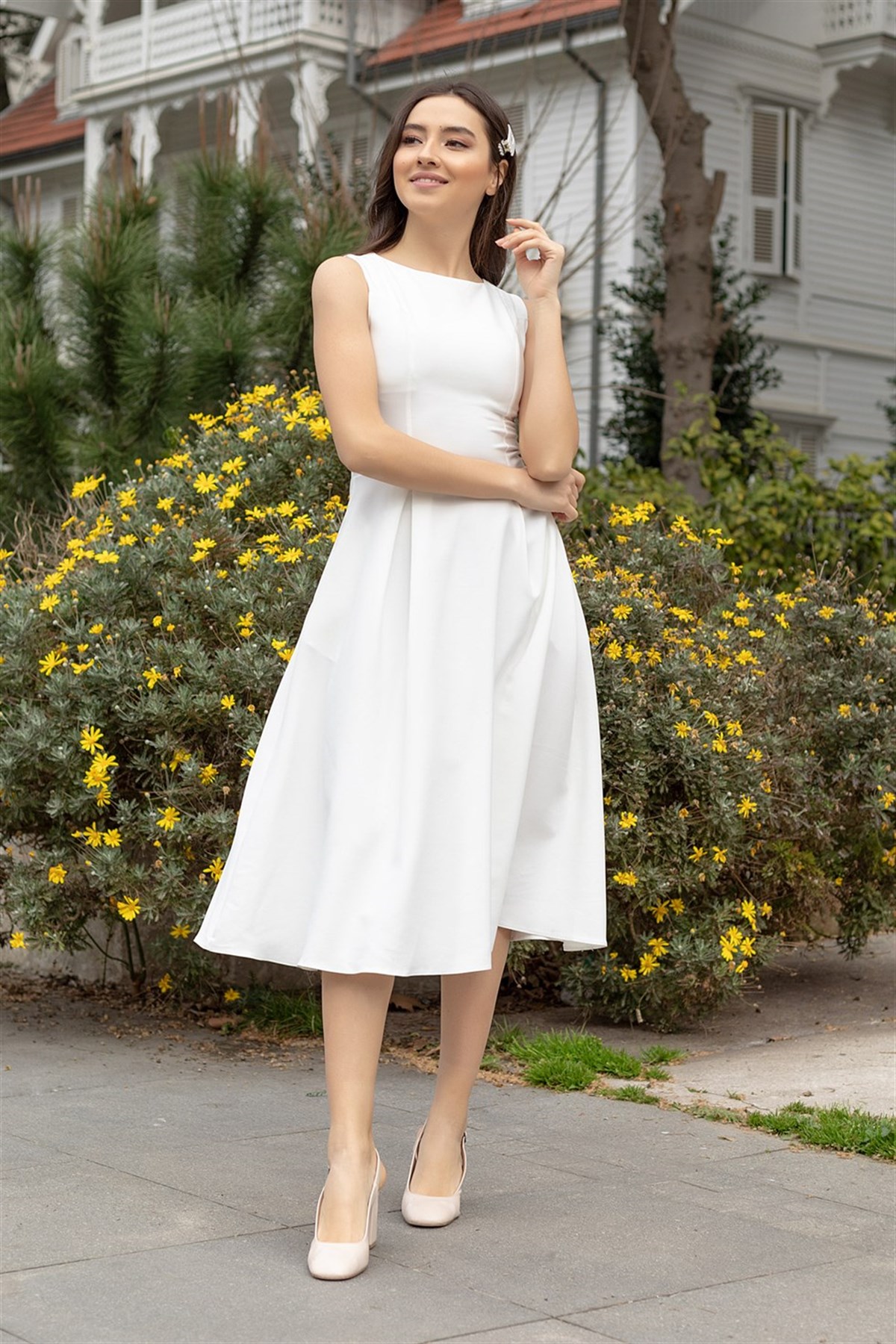 Kısa Kol Atlas Midiboy Elbise- BEYAZ