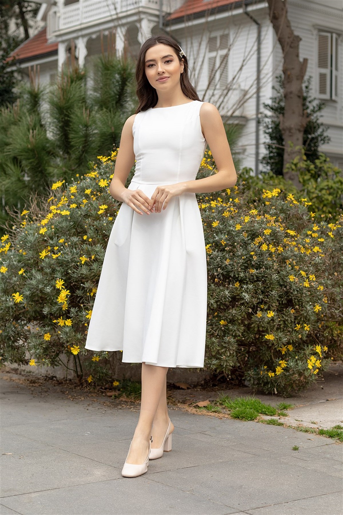 Kısa Kol Atlas Midiboy Elbise- BEYAZ