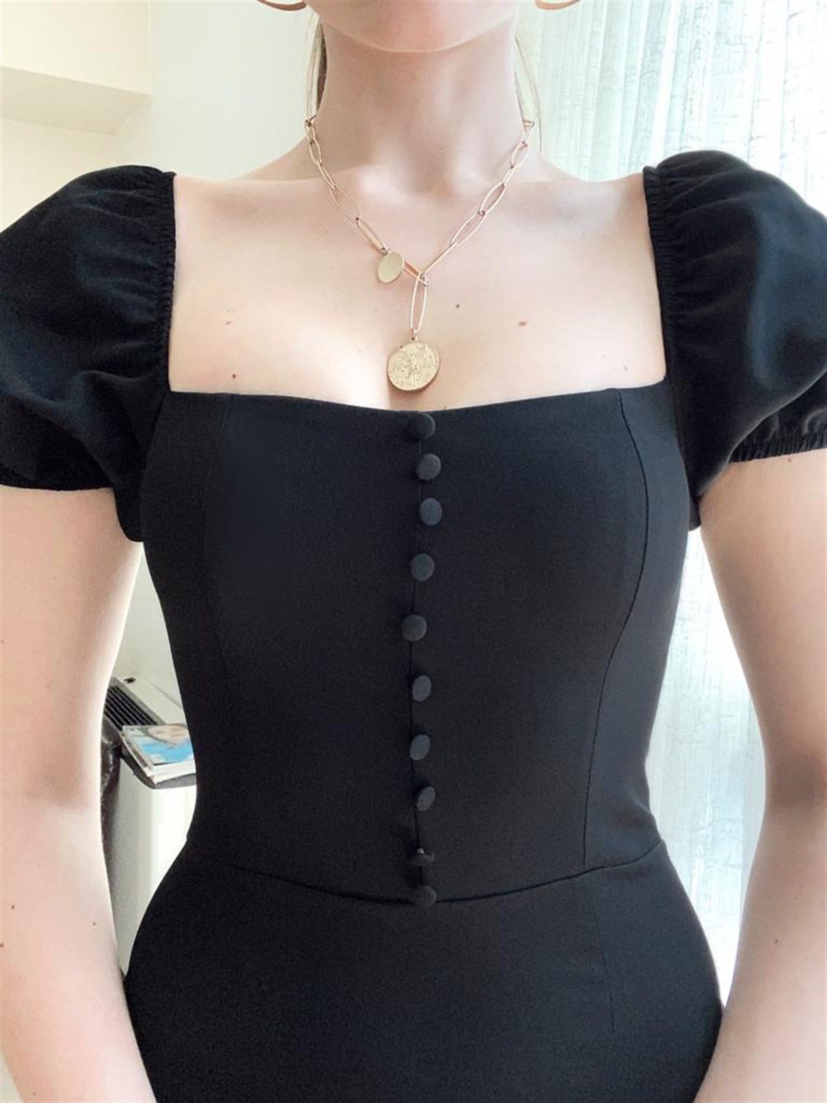 Kısa Kollu Düğme Detay Kalem Elbise - SİYAH