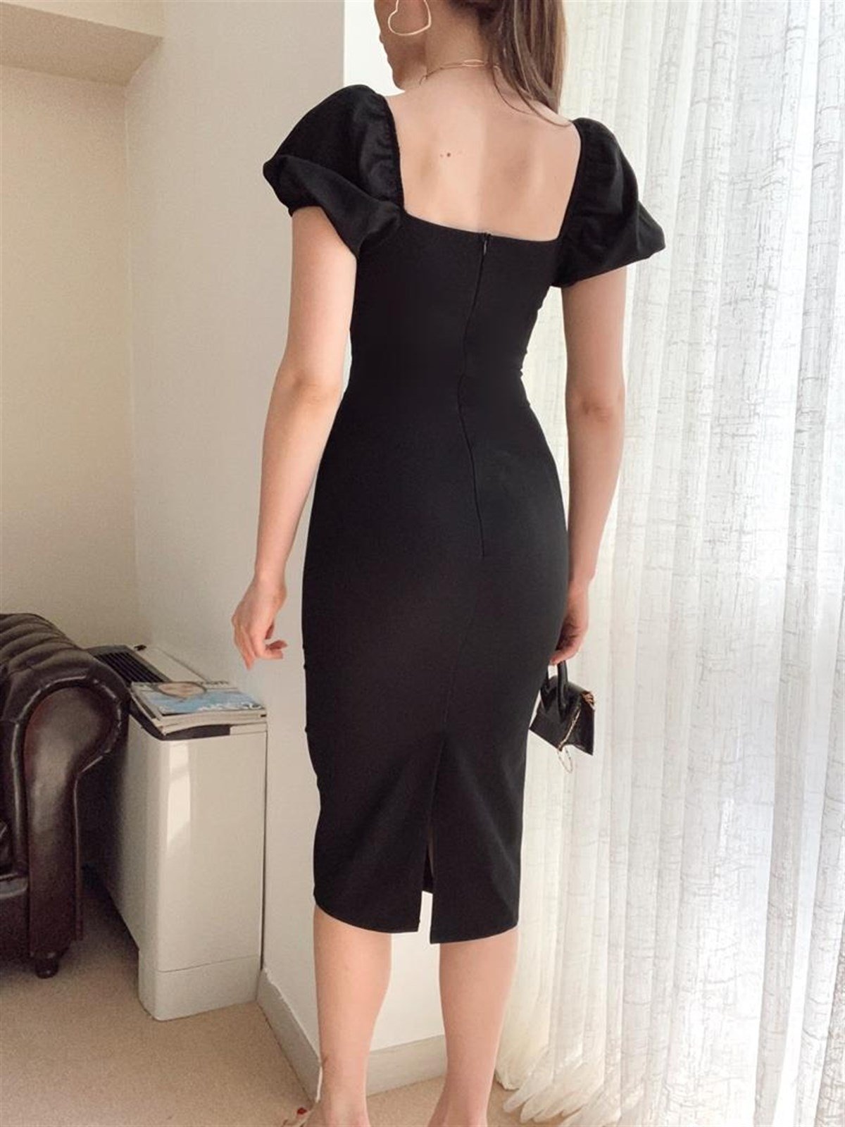 Kısa Kollu Düğme Detay Kalem Elbise - SİYAH