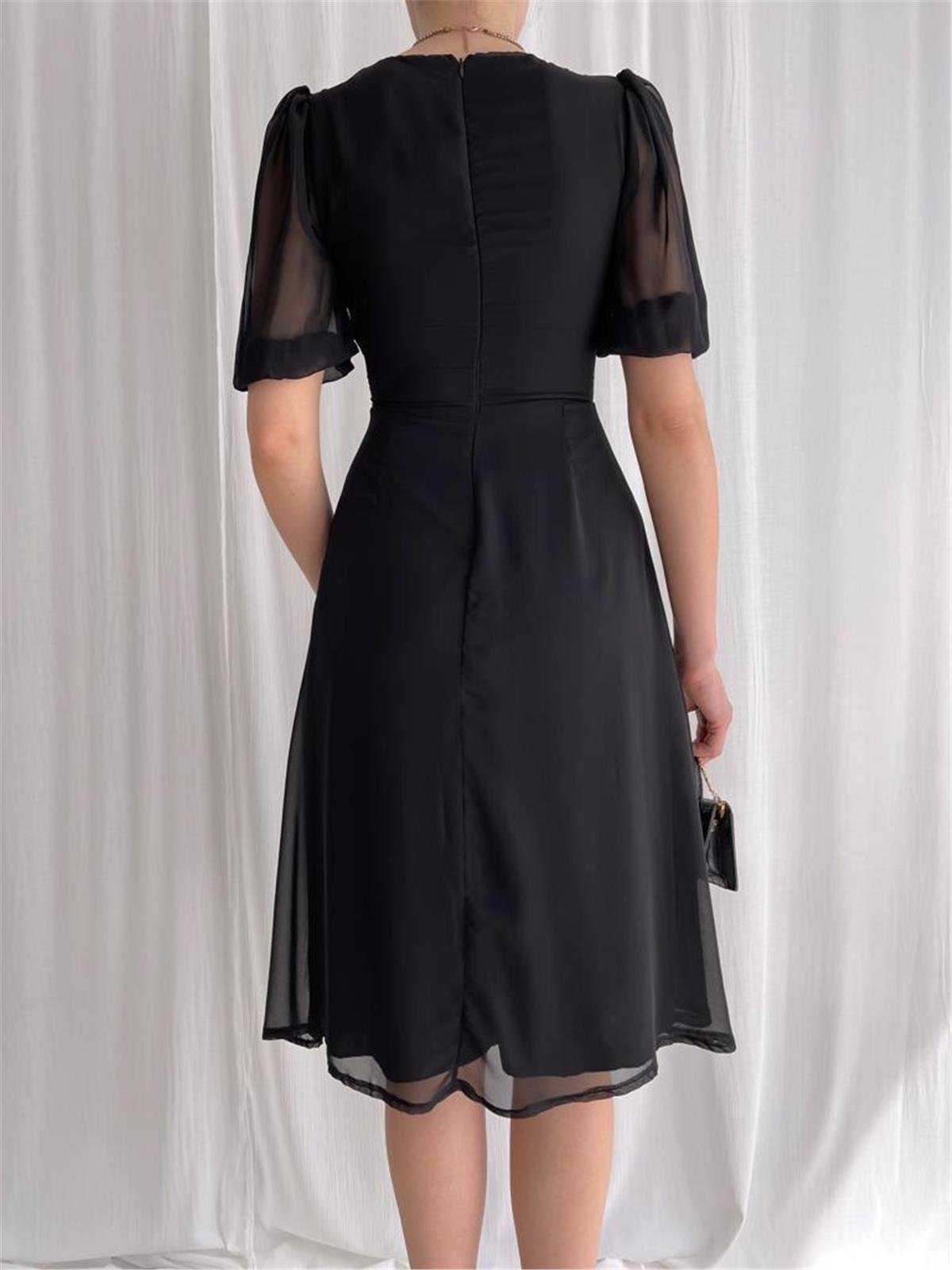 Kol Detay Astarlı Tül Elbise - SİYAH