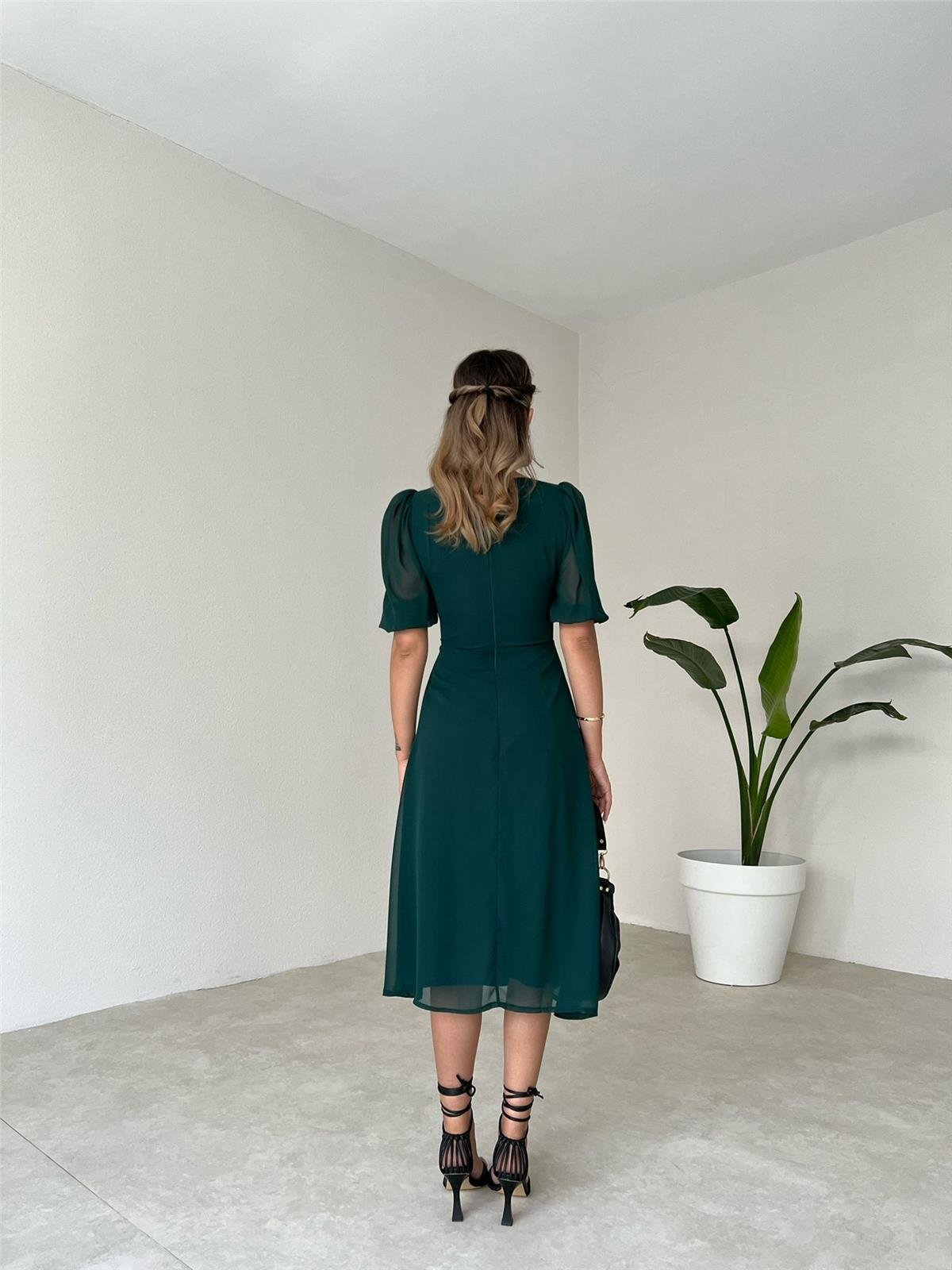 Kol Detay Astarlı Tül Elbise - YEŞİL