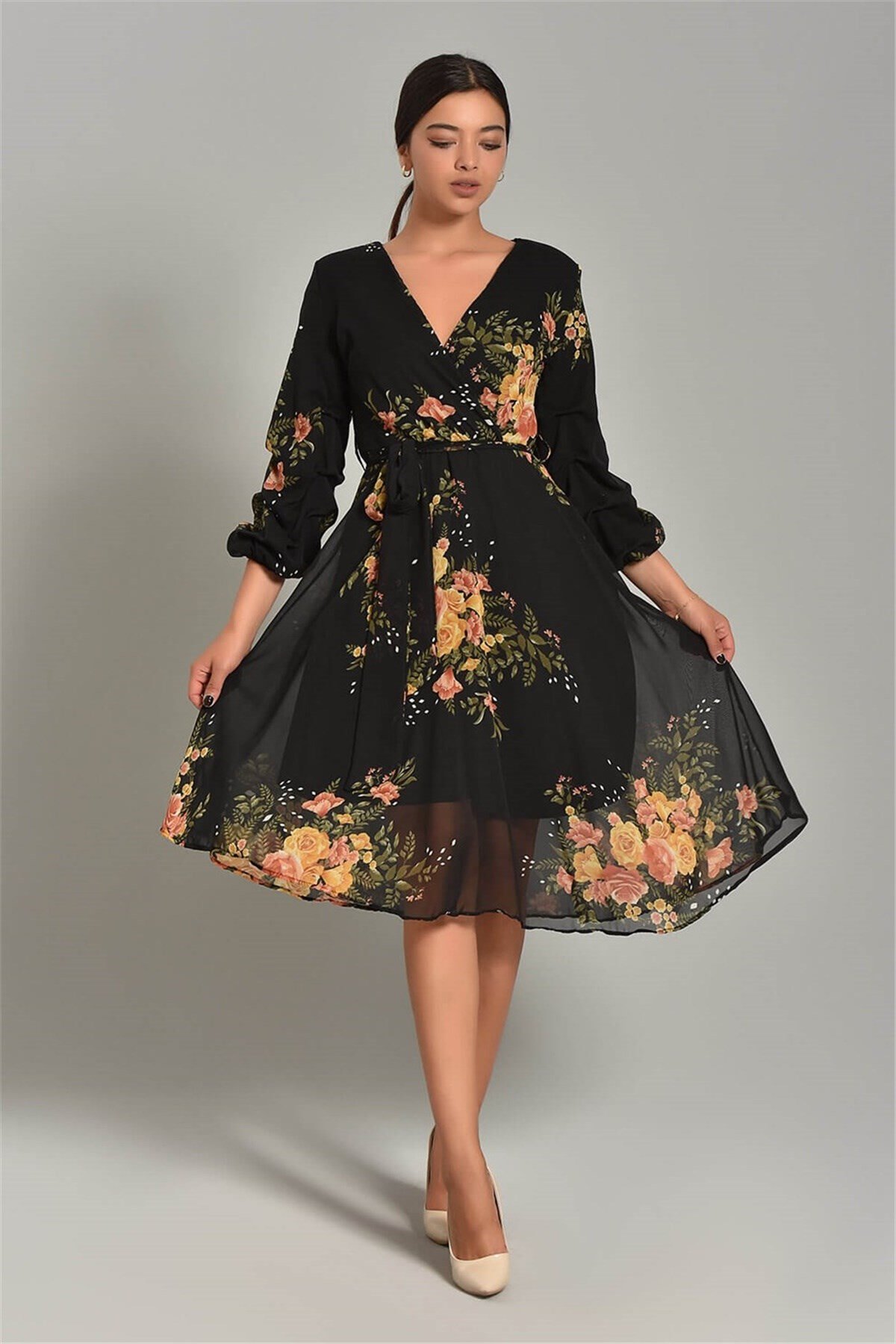 Kol Detay Çiçek Desenli Şifon Elbise - SARI