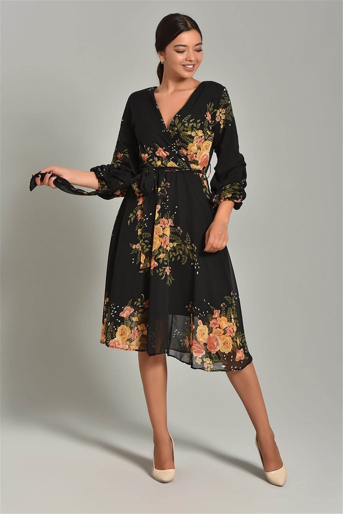 Kol Detay Çiçek Desenli Şifon Elbise - SARI