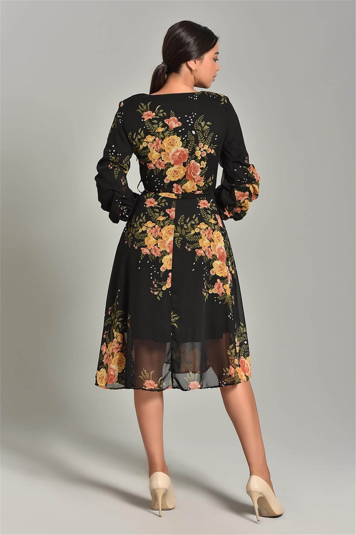 Kol Detay Çiçek Desenli Şifon Elbise - SARI