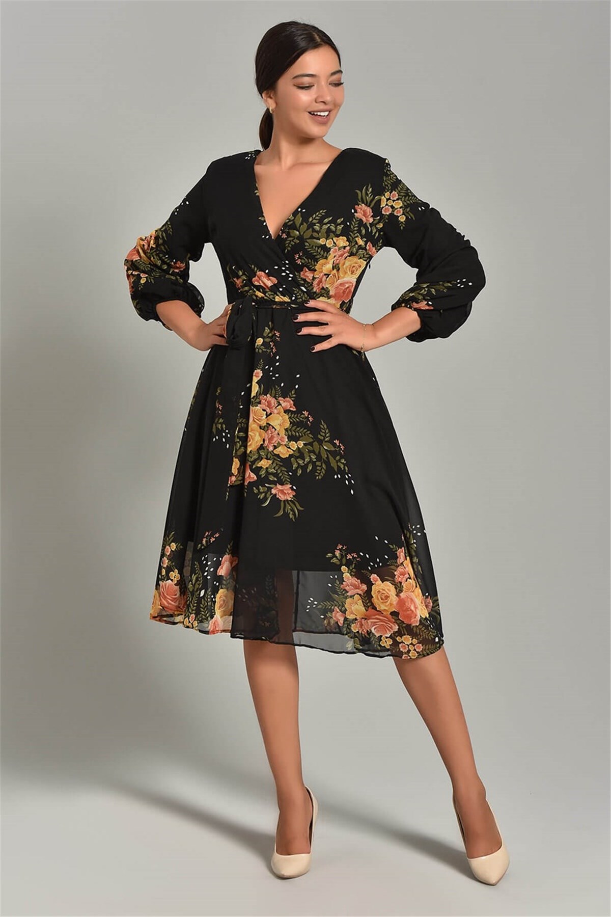 Kol Detay Çiçek Desenli Şifon Elbise - SARI