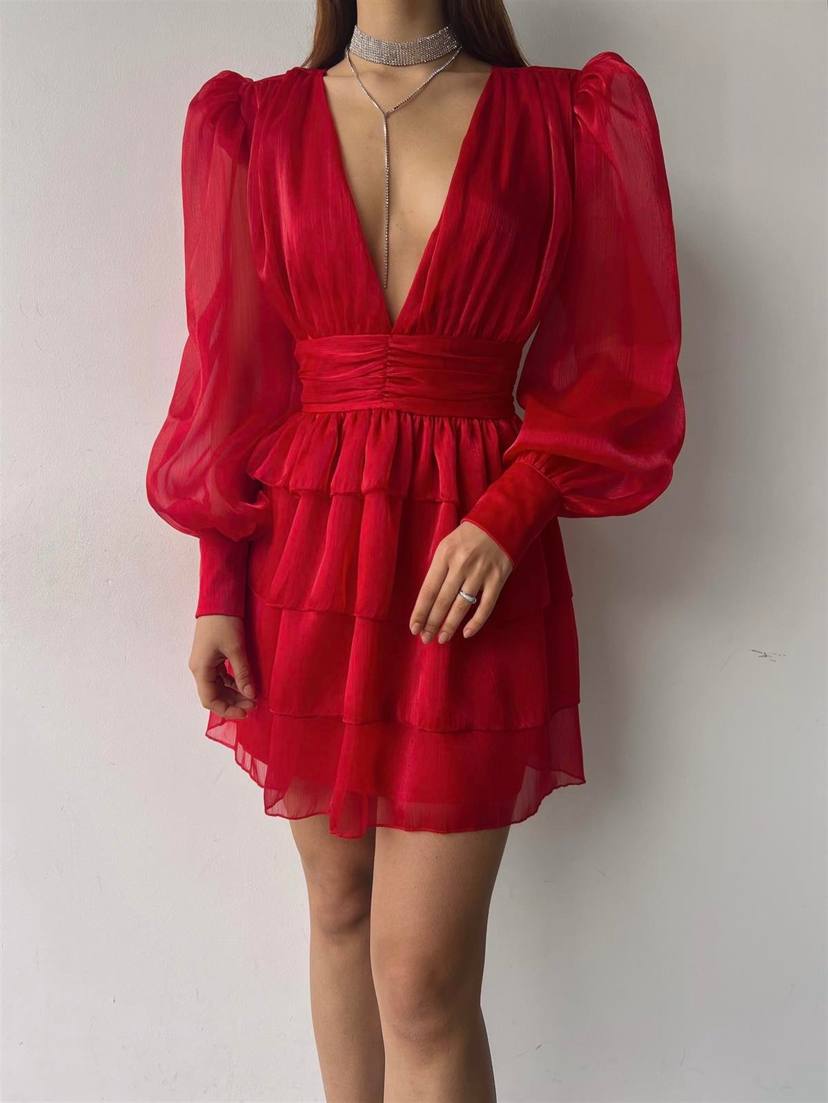 Kol Tül Detay V Yaka Belden Oturtmalı Kadın Elbise - KIRMIZI