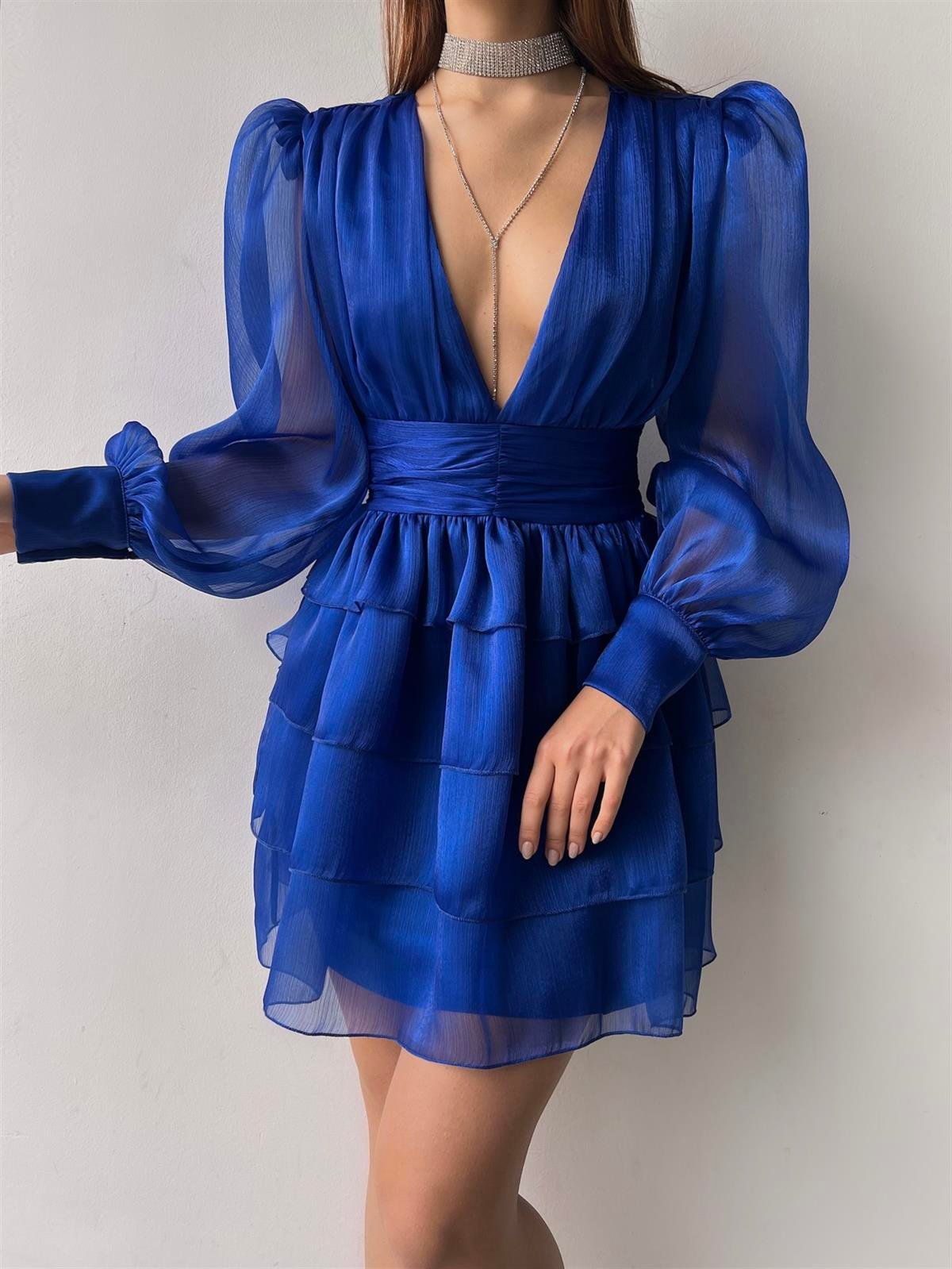 Kol Tül Detay V Yaka Belden Oturtmalı Kadın Elbise - SAKS MAVİ