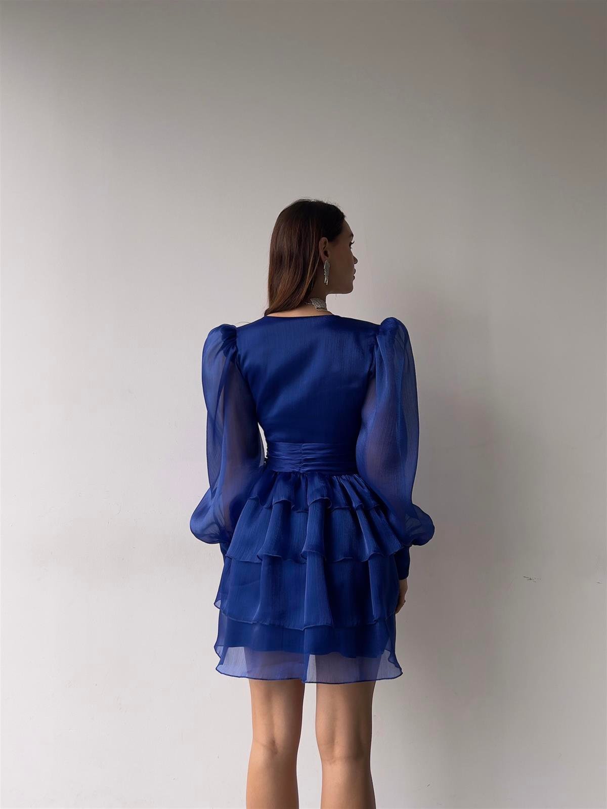 Kol Tül Detay V Yaka Belden Oturtmalı Kadın Elbise - SAKS MAVİ