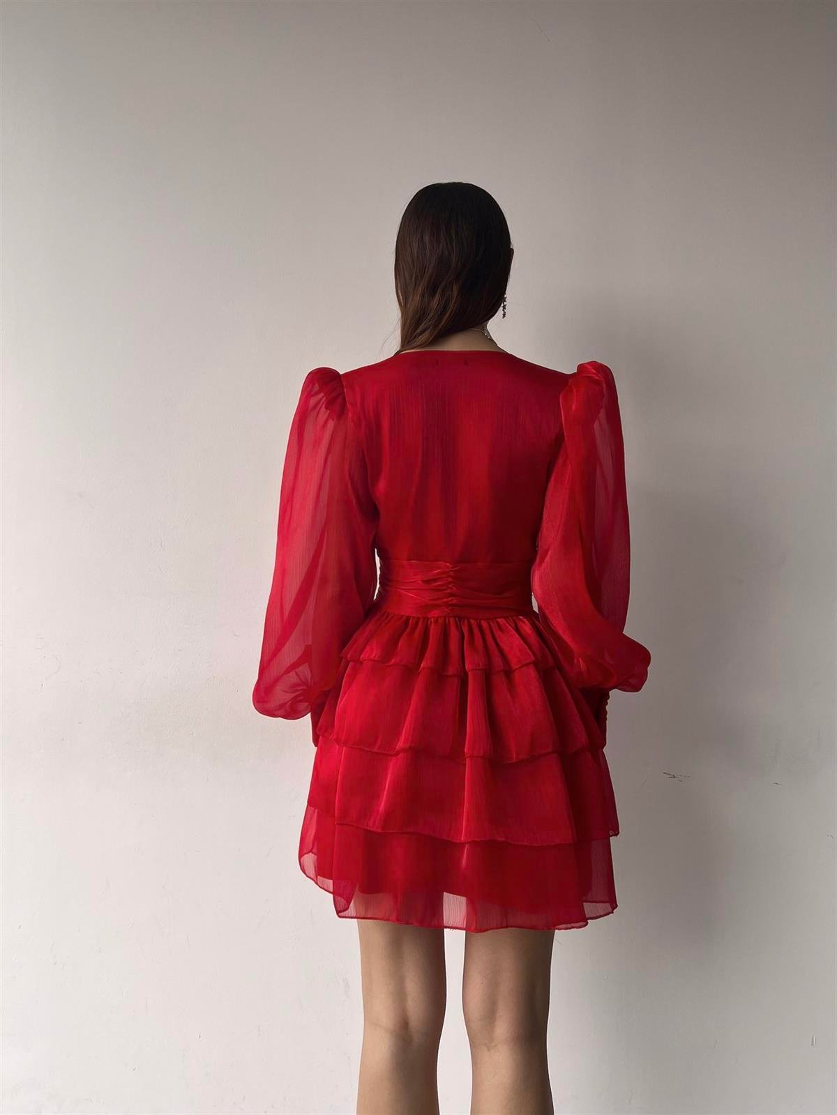 Kol Tül Detay V Yaka Belden Oturtmalı Kadın Elbise - KIRMIZI