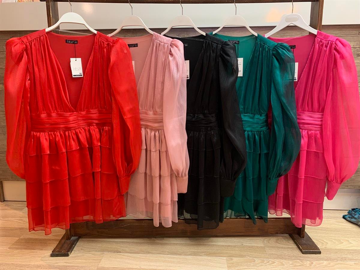 Kol Tül Detay V Yaka Belden Oturtmalı Kadın Elbise - ZÜMRÜT YEŞİLİ