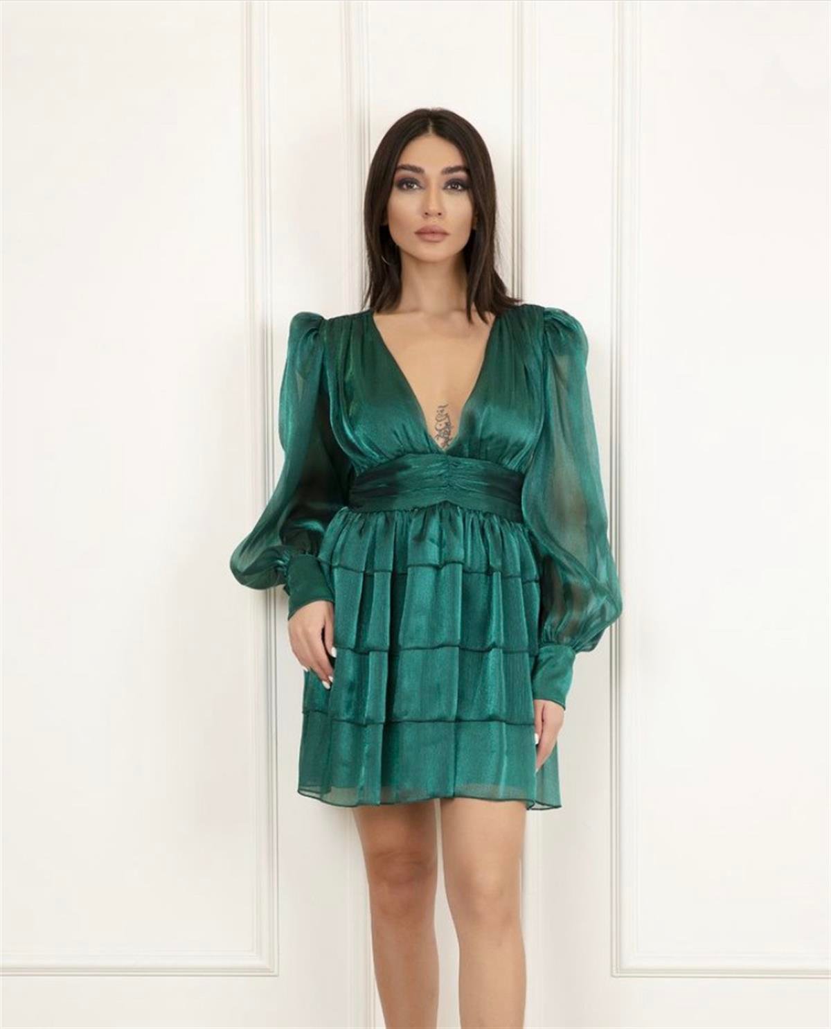 Kol Tül Detay V Yaka Belden Oturtmalı Kadın Elbise - ZÜMRÜT YEŞİLİ