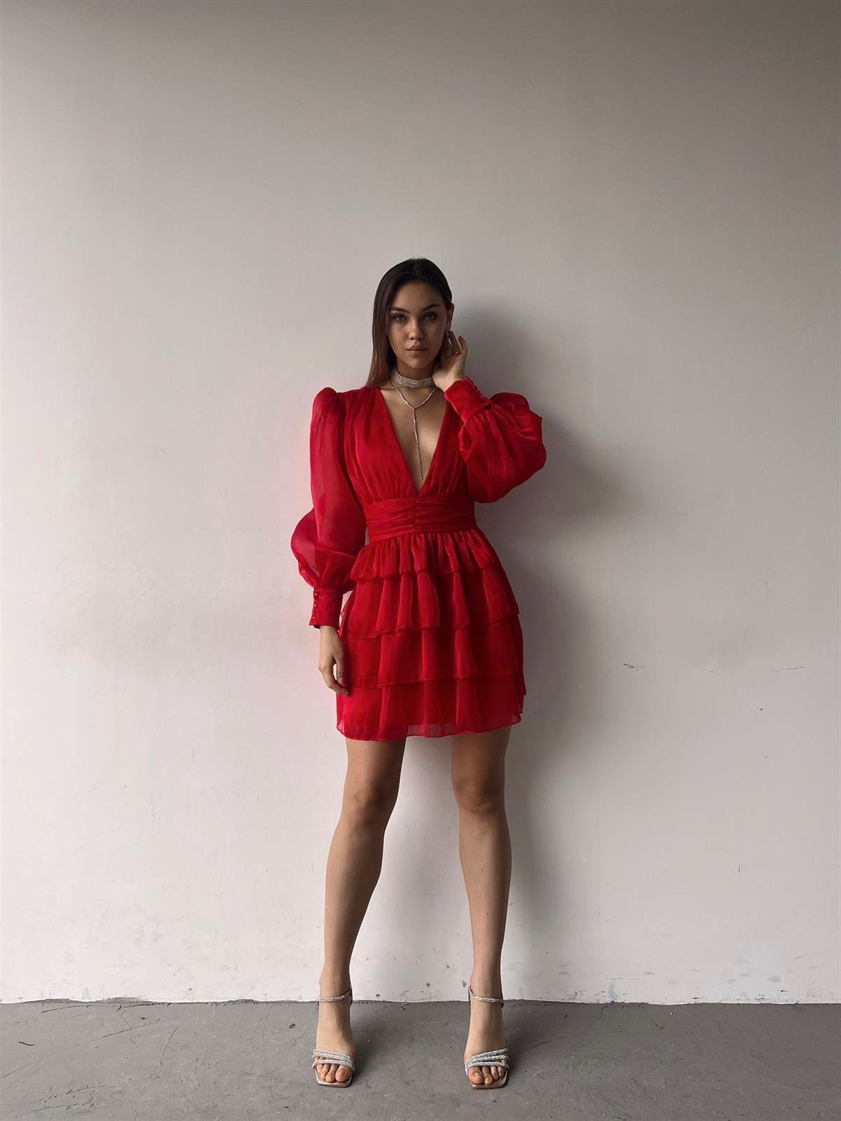 Kol Tül Detay V Yaka Belden Oturtmalı Kadın Elbise - KIRMIZI