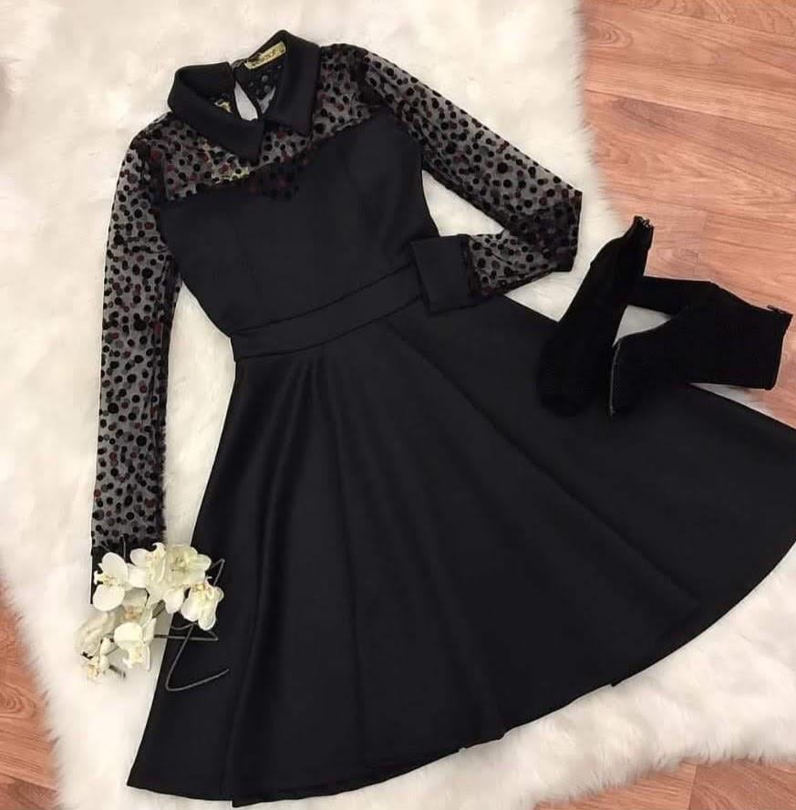 Kolları Puantiyeli Tül Kumaş Yaka Detaylı Scuba Kumaş Kiloş Elbise - SİYAH