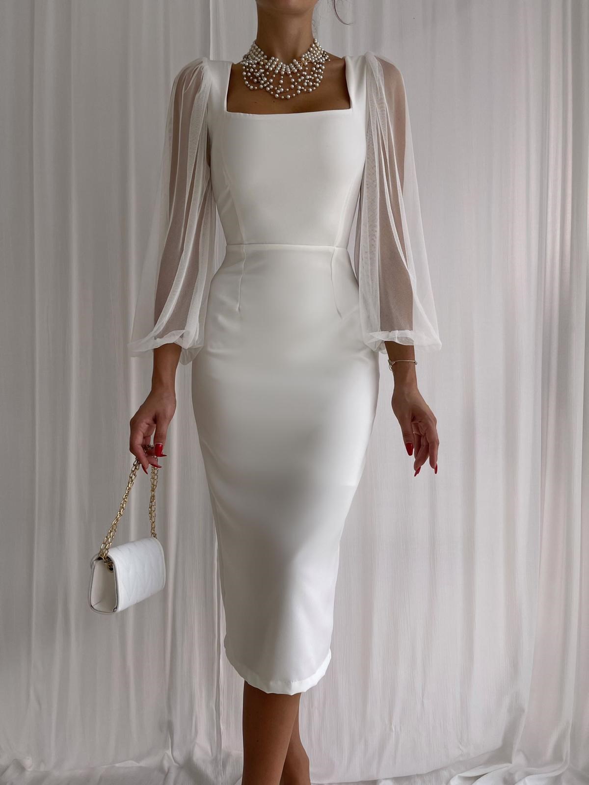 Kolları Tül Detay Kare Yaka Midiboy Kadın Elbise - BEYAZ