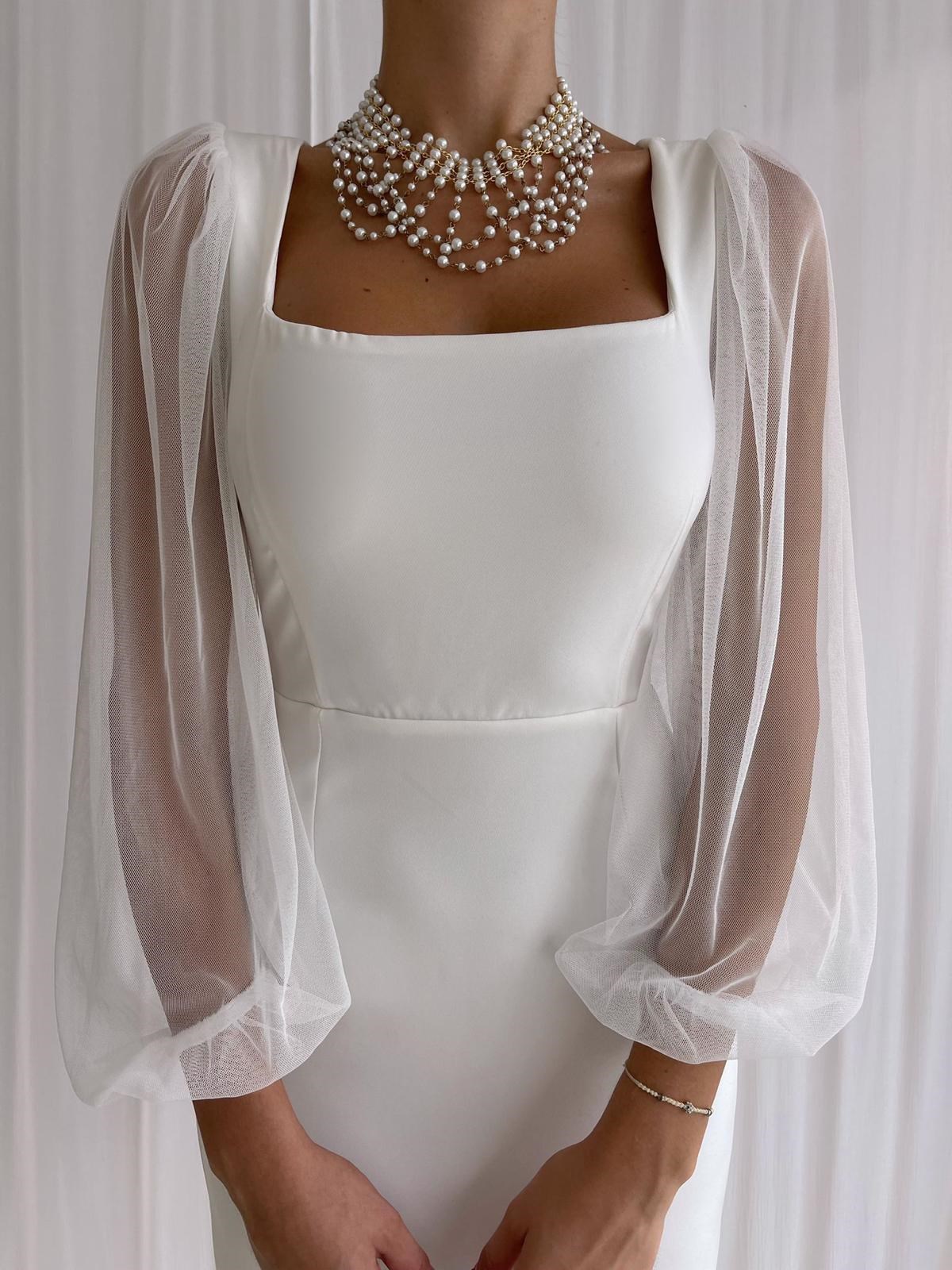 Kolları Tül Detay Kare Yaka Midiboy Kadın Elbise - BEYAZ