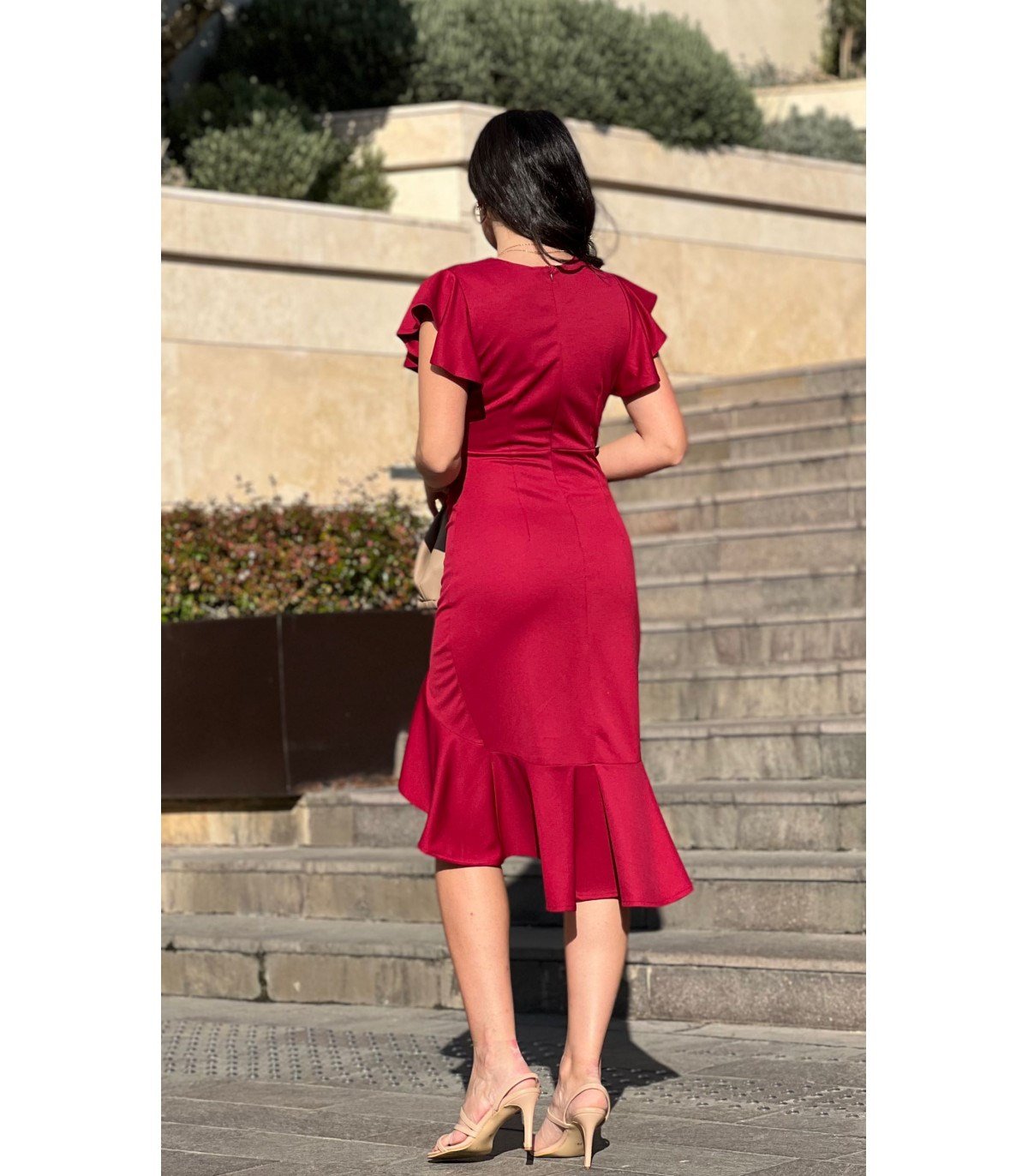 Kravuze Yaka Etek Volanlı Elbise - BORDO