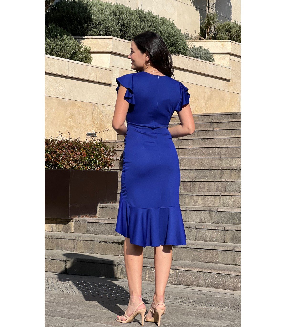 Kravuze Yaka Etek Volanlı Elbise - SAKS MAVİ