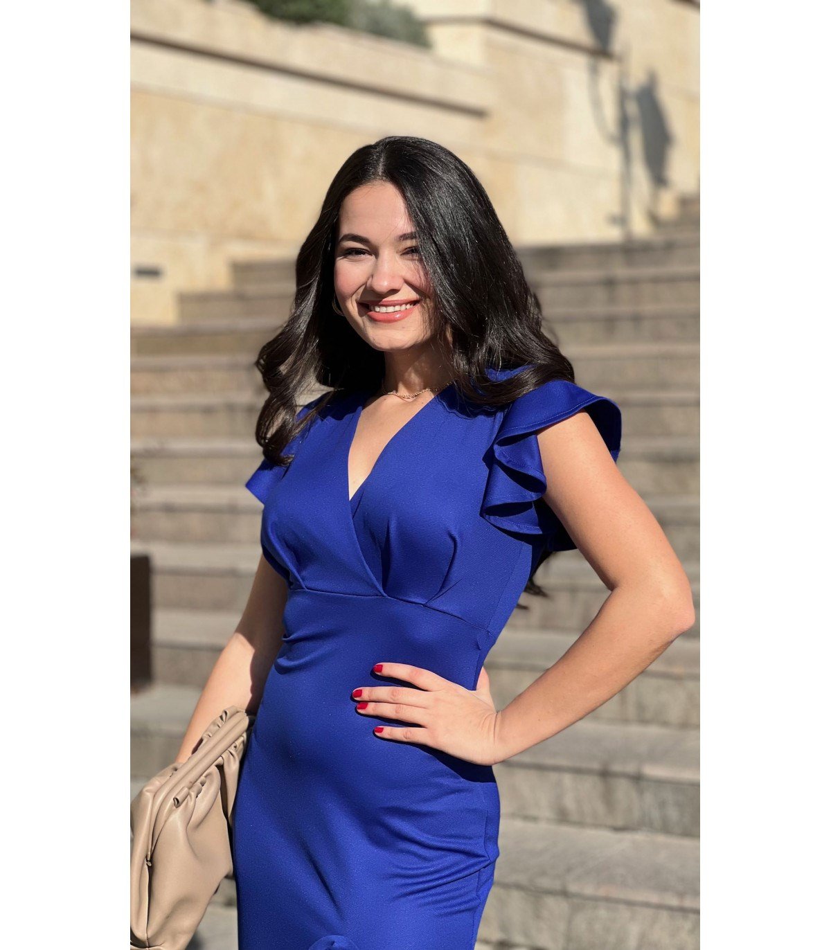 Kravuze Yaka Etek Volanlı Elbise - SAKS MAVİ