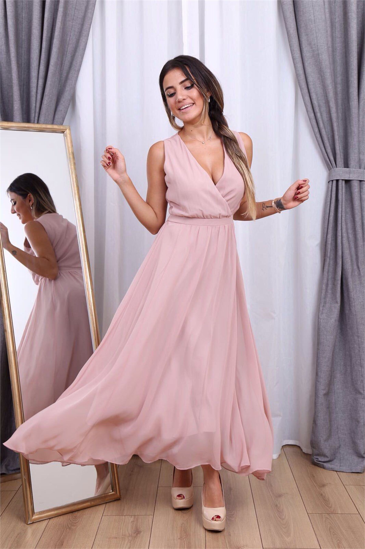 KRAVUZE YAKA ŞİFON ABİYE- PUDRA