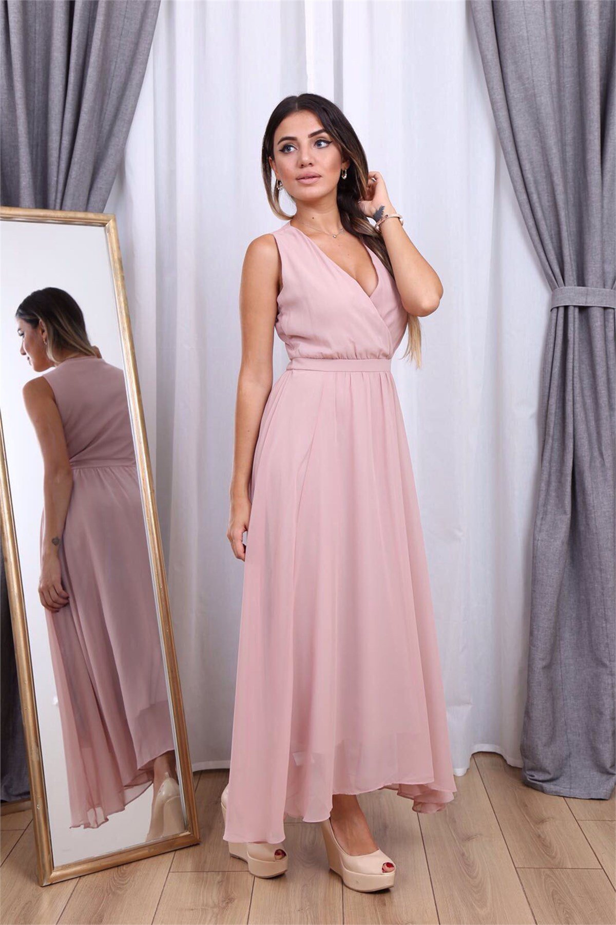 KRAVUZE YAKA ŞİFON ABİYE- PUDRA