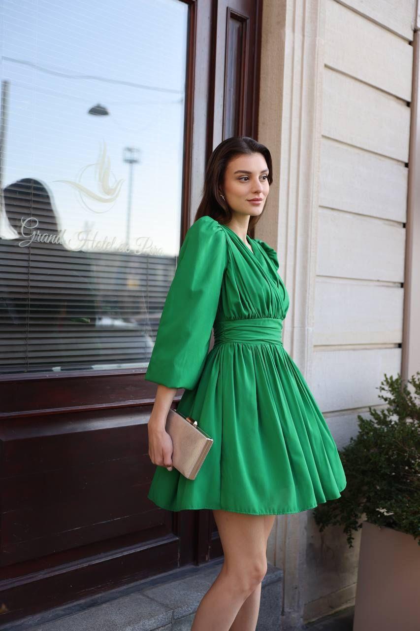 Kruvaze Yaka Belden Oturmalı Şifon Kumaş Kiloş Elbise - ÇİMEN YEŞİLİ