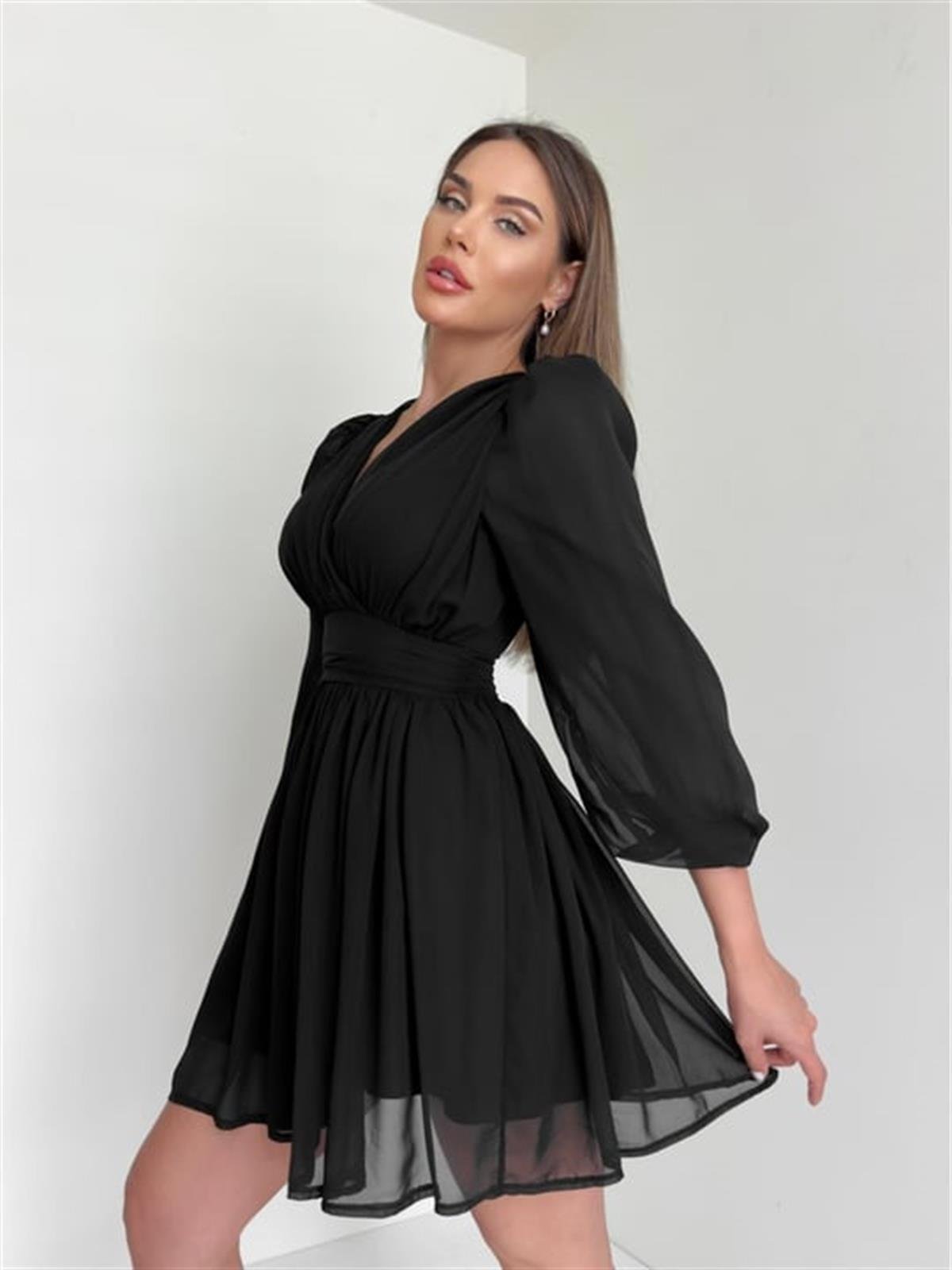 Kruvaze Yaka Belden Oturmalı Şifon Kumaş Kiloş Elbise - SİYAH