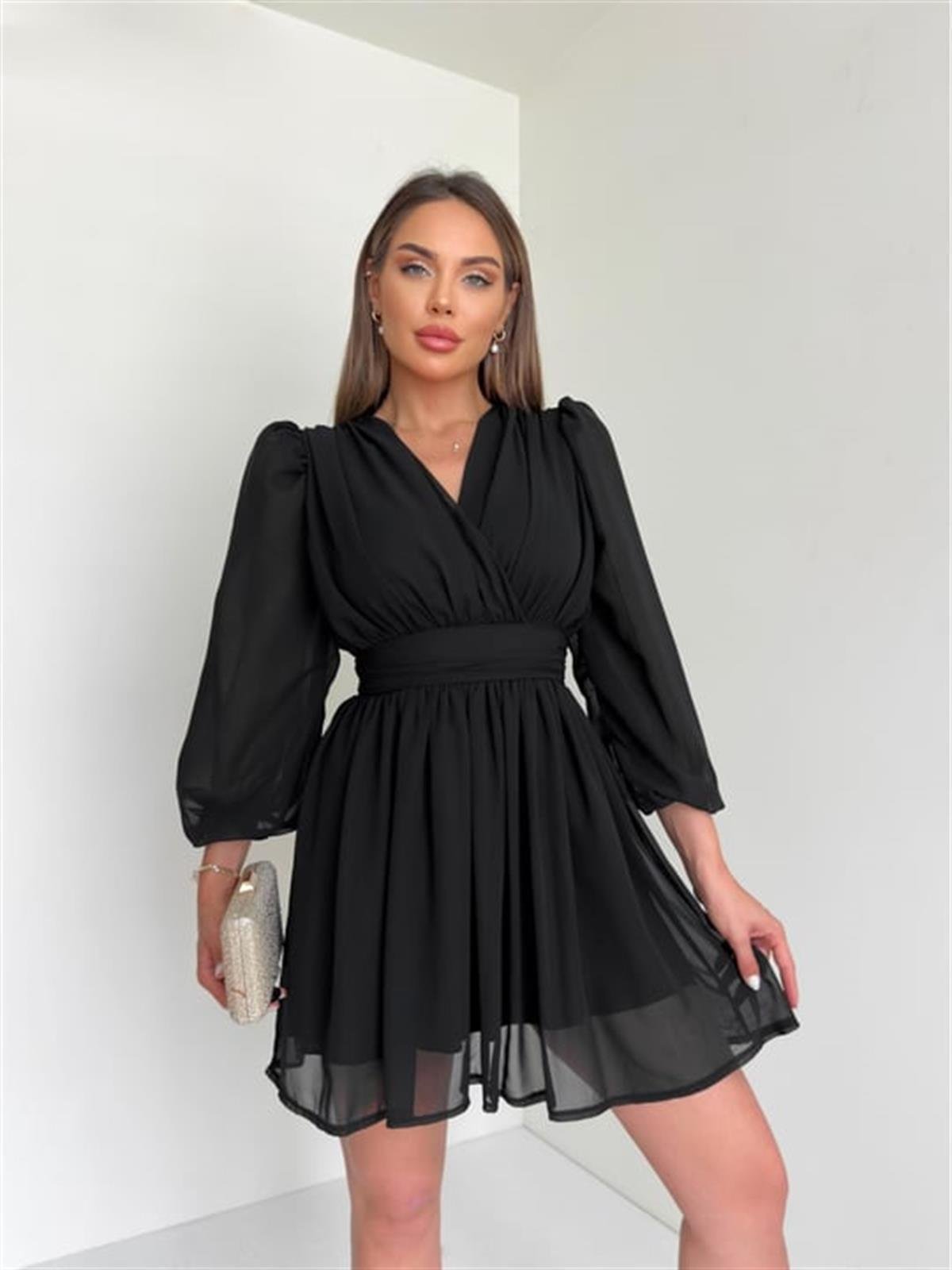 Kruvaze Yaka Belden Oturmalı Şifon Kumaş Kiloş Elbise - SİYAH