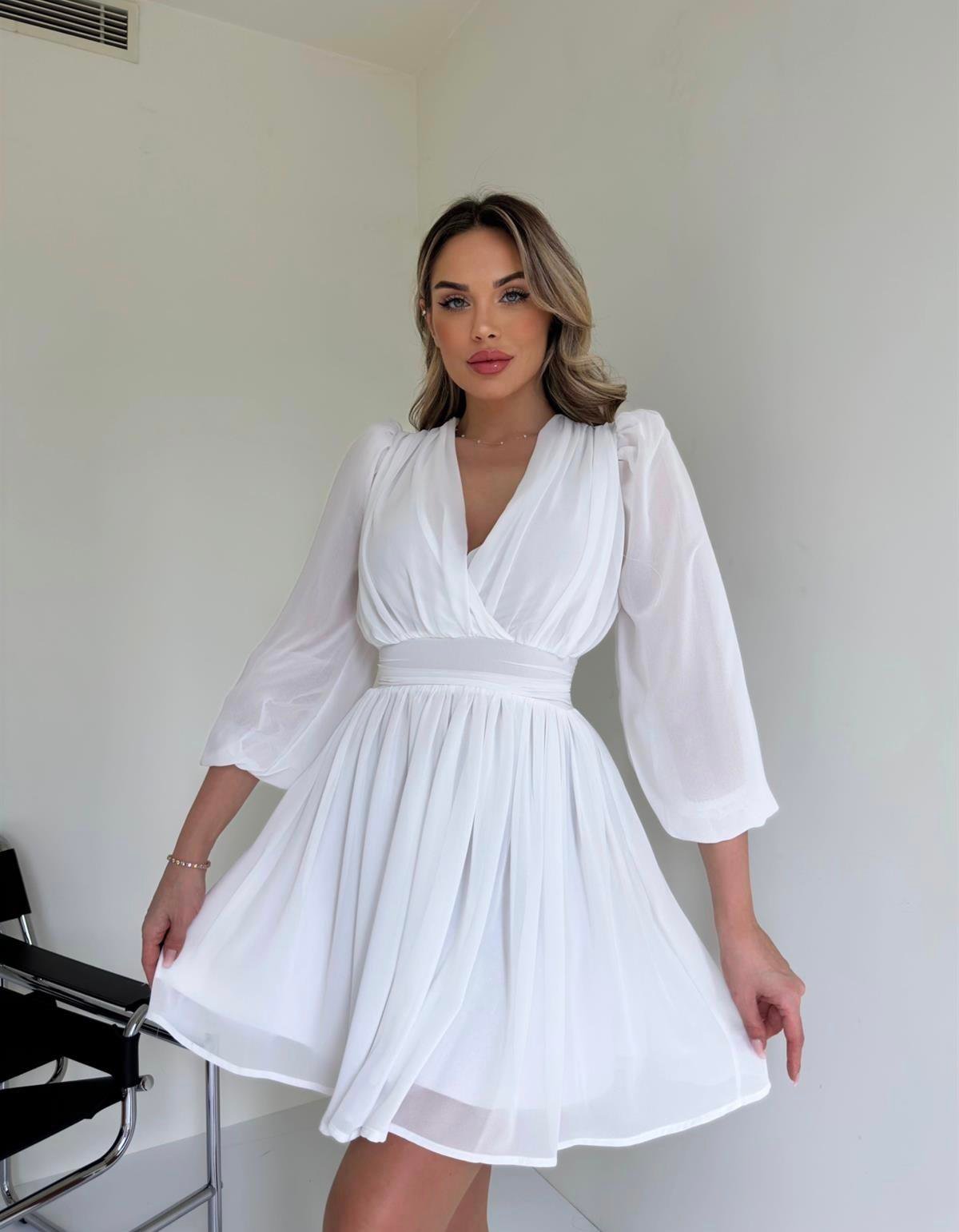 Kruvaze Yaka Belden Oturmalı Şifon Kumaş Kiloş Elbise - BEYAZ