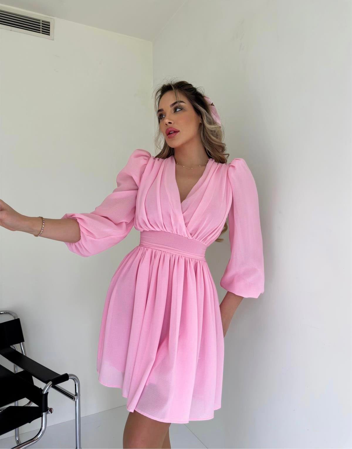 Kruvaze Yaka Belden Oturmalı Şifon Kumaş Kiloş Elbise - PEMBE